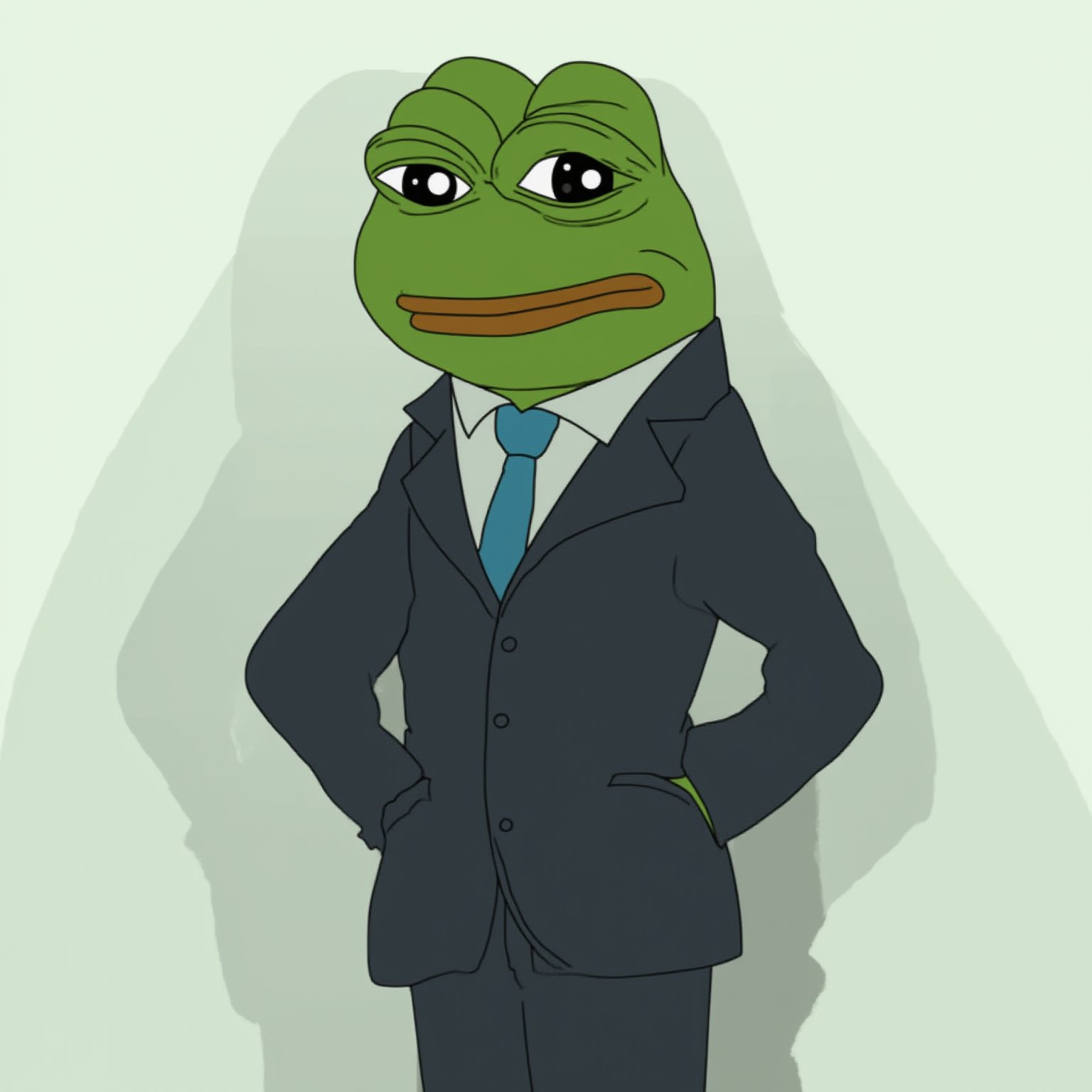 A stylized version of the Pepe the Frog meme, dressed in a sharp, well-fitted suit. Pepe is standing confidently with a charming smile, exuding a sense of sophistication and charisma. The suit is classic, with clean lines and a crisp tie, perfectly tailored to give Pepe a professional and polished look. The background is simple, ensuring the focus remains on Pepe’s iconic expression and stylish attire. His expression is calm and content, capturing the humorous yet refined spirit of the meme.