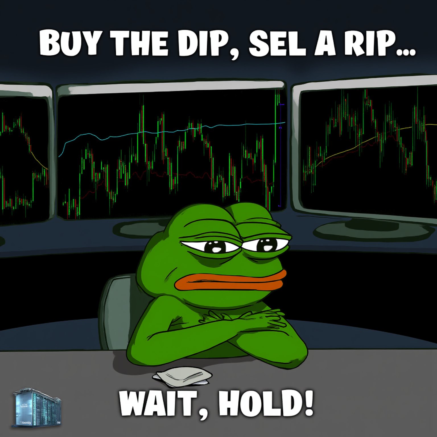 Pepe meme, 
Pepe sitting in front of multiple monitors, intensely staring at stock market charts that are constantly fluctuating. His face alternates between panic and excitement. The caption reads: "Buy the dip, sell the rip... wait, HOLD!" It's a humorous take on the emotional rollercoaster of day trading.