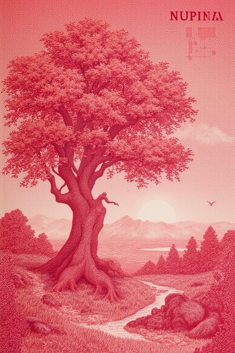  idr_rupiah  beautiful landscape of big tree, red color, money engraving style