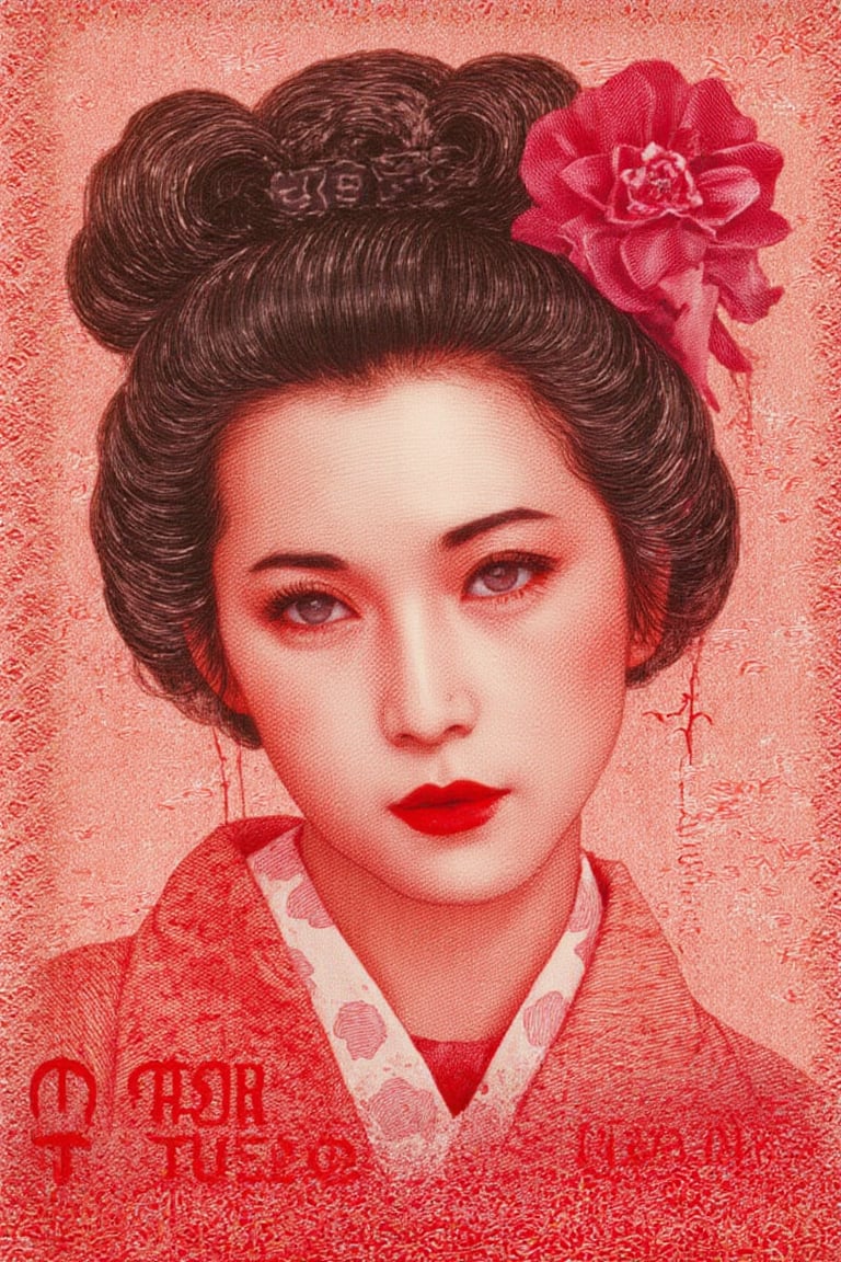 idr_rupiah, money engraving, portrait of japanese woman in red tone