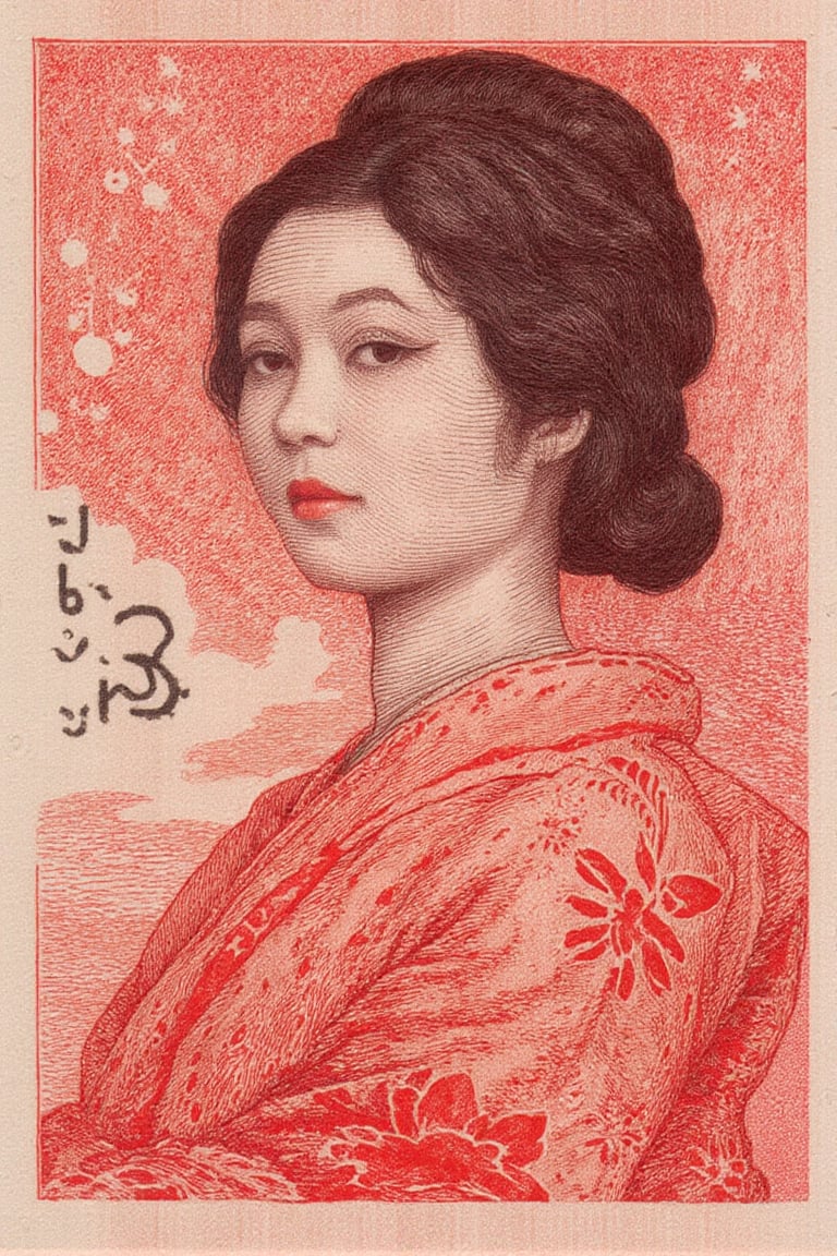 idr_rupiah, money engraving, portrait of japanese woman in red tone