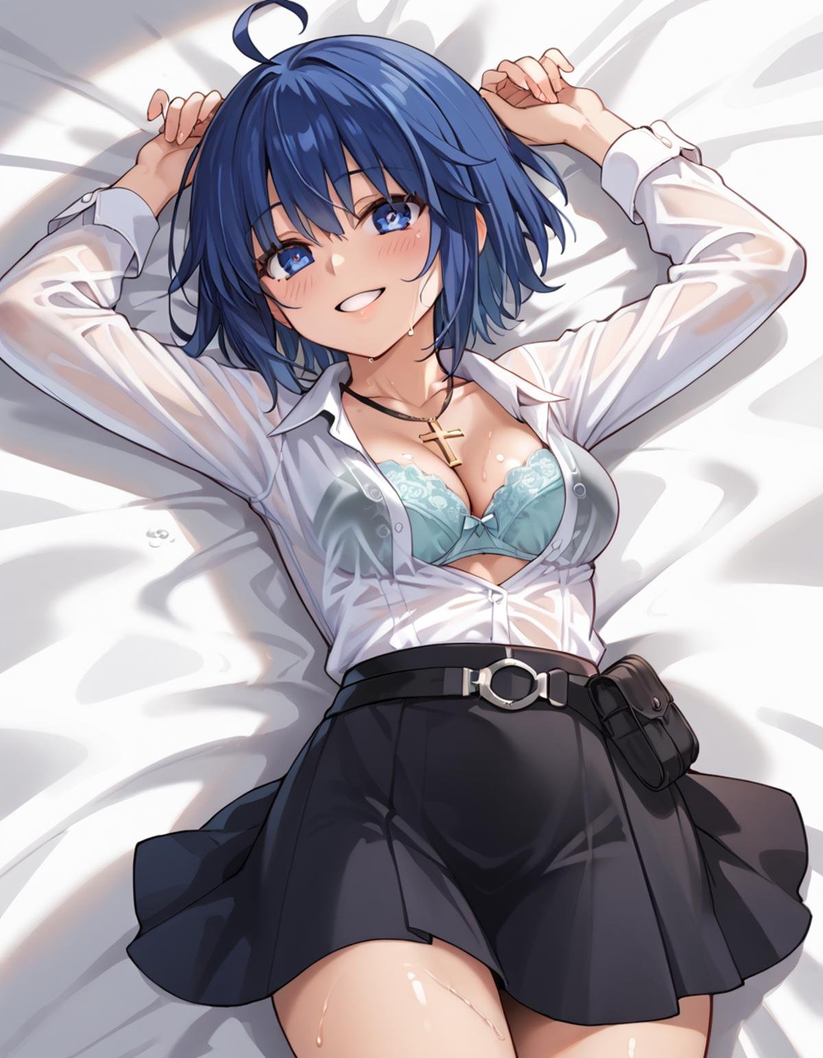 Volumetric Lighting, (masterpiece), (best quality), (ultra-detailed), masterpiece, source_anime, score_9, score_8_up, score_7_up BREAK, illustration, disheveled hair, detailed eyes, perfect composition, intricate details, moist skin, sweat BREAK, short hair, blue eyes, medium breasts, blue hair, ahoge BREAK, Cielsensei, sns shirt,sns skirt,sns belt, long sleeves BREAK, lying on back, thighs, arms up, smile, parted lips, cleavage,collarbone,bra visible through clothes, cross necklace