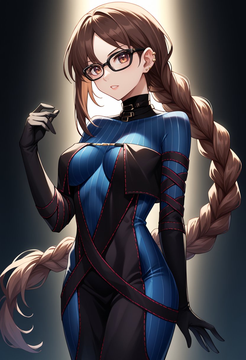 score_9, score_7_up, source_anime, YuMeirenFGO, YuMeirenAsc1, brown hair, very long hair, black-framed eyewear, brown eyes, ear piercings. braided ponytail, single braid, black dress, blue bodysuit, ribbed bodysuit, sleeveless dress, layered dress, center opening, black gloves, elbow gloves, turtleneck, strapless dress, sidelocks, black ribbon, looking at viewer