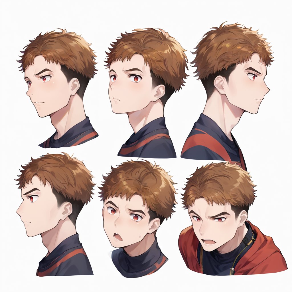 score_9_up, score_8_up, score_7_up, score_6_up, score_5_up, score_4_up, source_anime, detailed, masterpiece, perfect_proportion, (zPDXL3),
BREAK, 
six faces, separate faces, different expressions, reference sheet, expressions, multiple views, front view, side view, rear view, white background, countershading, solo, 1 male, 
BREAK,
shinkai_soyogu, brown hair, red eyes