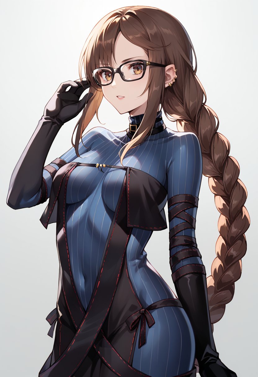 score_9, score_7_up, source_anime, YuMeirenAsc1, brown hair, very long hair, black-framed eyewear, brown eyes, earrings, ear piercings, braided ponytail, single braid, black dress, blue bodysuit, ribbed bodysuit, sleeveless dress, layered dress, center opening, black gloves, elbow gloves, turtleneck, strapless dress, sidelocks, black ribbon, arms down, frontal view