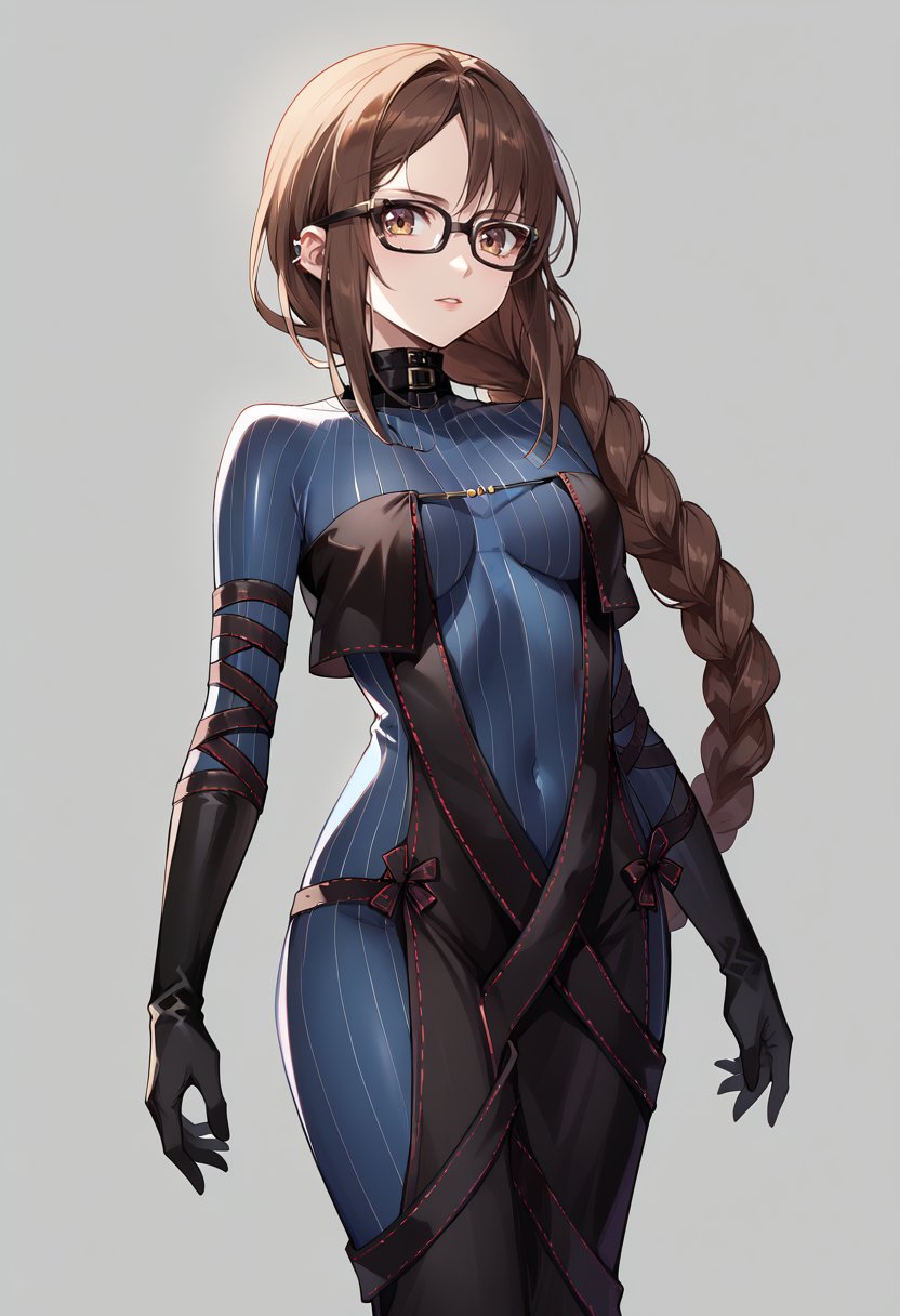 score_9, score_7_up, source_anime, YuMeirenAsc1, brown hair, very long hair, black-framed eyewear, brown eyes, earrings, ear piercings, braided ponytail, single braid, black dress, blue bodysuit, ribbed bodysuit, sleeveless dress, layered dress, center opening, black gloves, elbow gloves, turtleneck, strapless dress, sidelocks, black ribbon, arms down