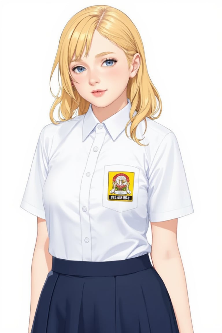 smp_uniform, A medium full shot of Anime Style a long blonde haired woman wearing white collared button-down shirt adorned with a smp_logo on the right pocket of the shirt. The woman is wearing a dark blue skirt. The background is a light white. focus on outfit. smp_uniform