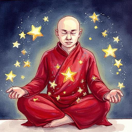 Surreal art. Watercolor painting of a meditating monk like figure wearing a red robe. The robe has a star pattern and some of the stars have come off like pieces of a puzzle. The loose stars glow intensely.