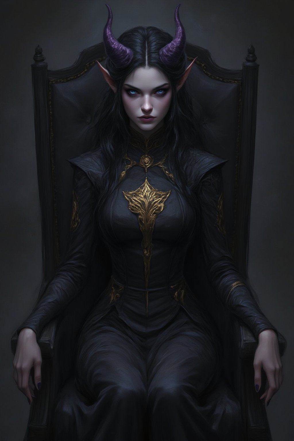 An image of a woman sitting on a chair. The woman is wearing a black dress with a golden emblem on the front of it. She has long black hair that is styled in a devil's head. Her eyes are blue and purple. Her hair is long and wavy. Her arms are draped over her shoulders. Her legs are crossed in front of her. Her hands are on either side of her body. The chair she is sitting on is black.,Fantasy drawing