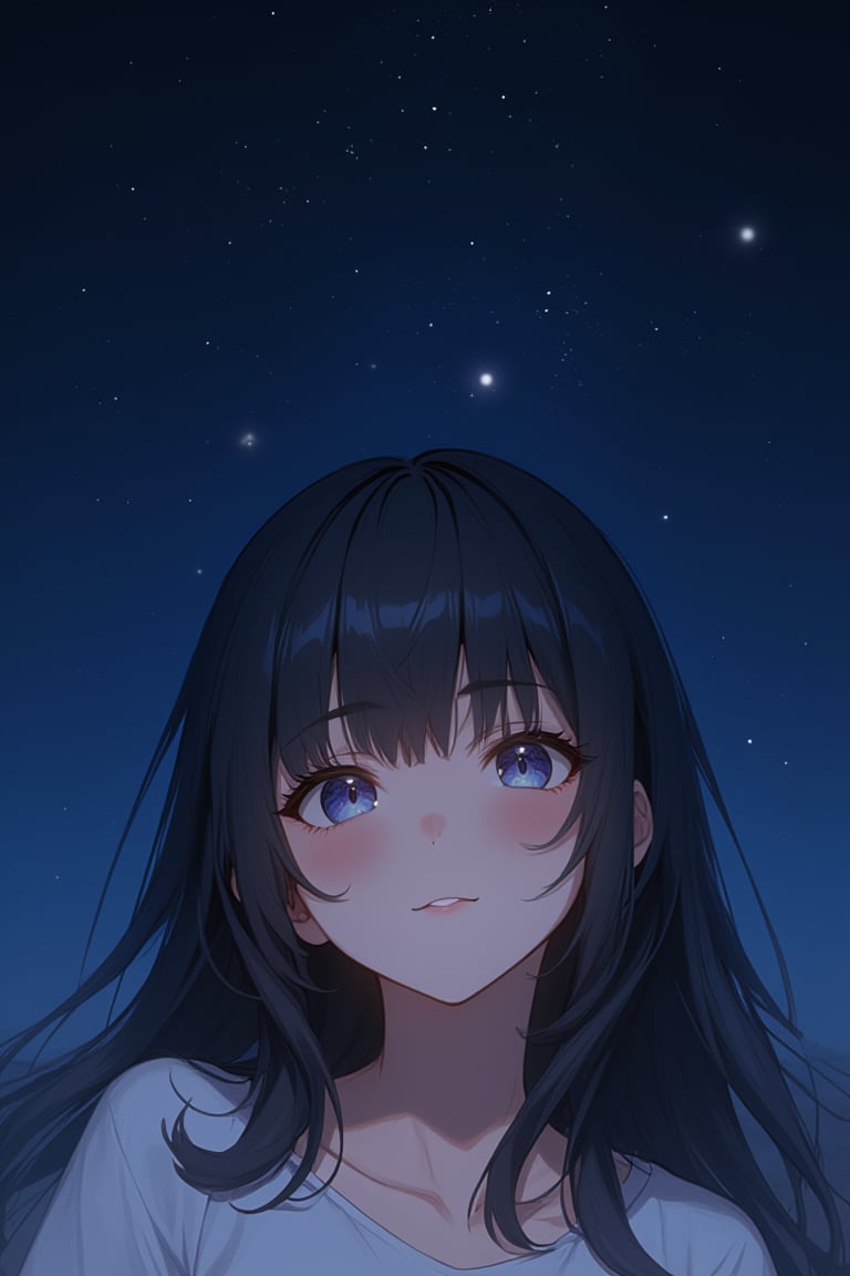 A serene portrait of a young girl gazes directly into the camera, her features illuminated by the soft glow of a nearby constellation. The starry sky above her is a deep shade of indigo, with tiny twinkling stars scattered across the canvas of the universe. Her long hair flows gently down her back, framing her peaceful expression as she basks in the celestial beauty, ATRFX, anime