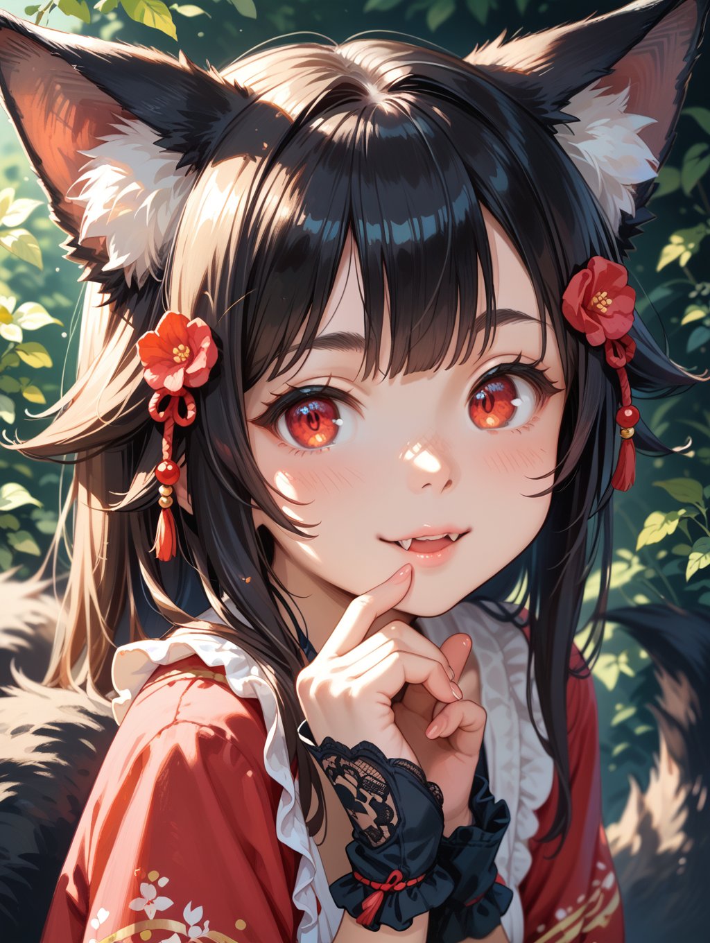 score_9, score_8_up, score_7_up,perfect eyes, kitsune, werewolf, red eyes, black skin, pretty girl, cute girl, teasing