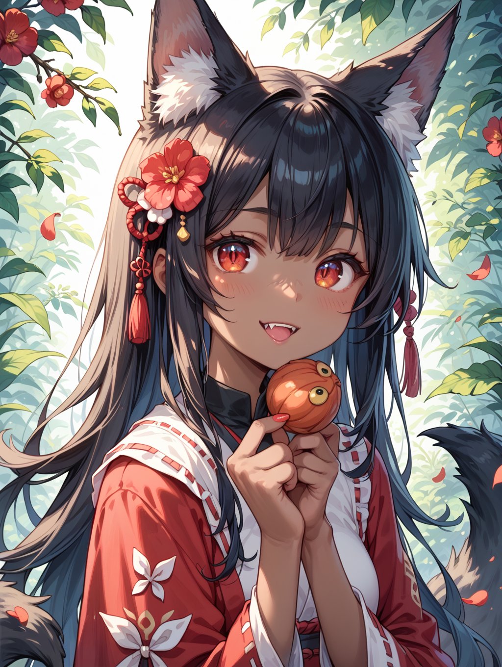 score_9, score_8_up, score_7_up,perfect eyes, kitsune, werewolf, red eyes, black skin, pretty girl, cute girl, teasing