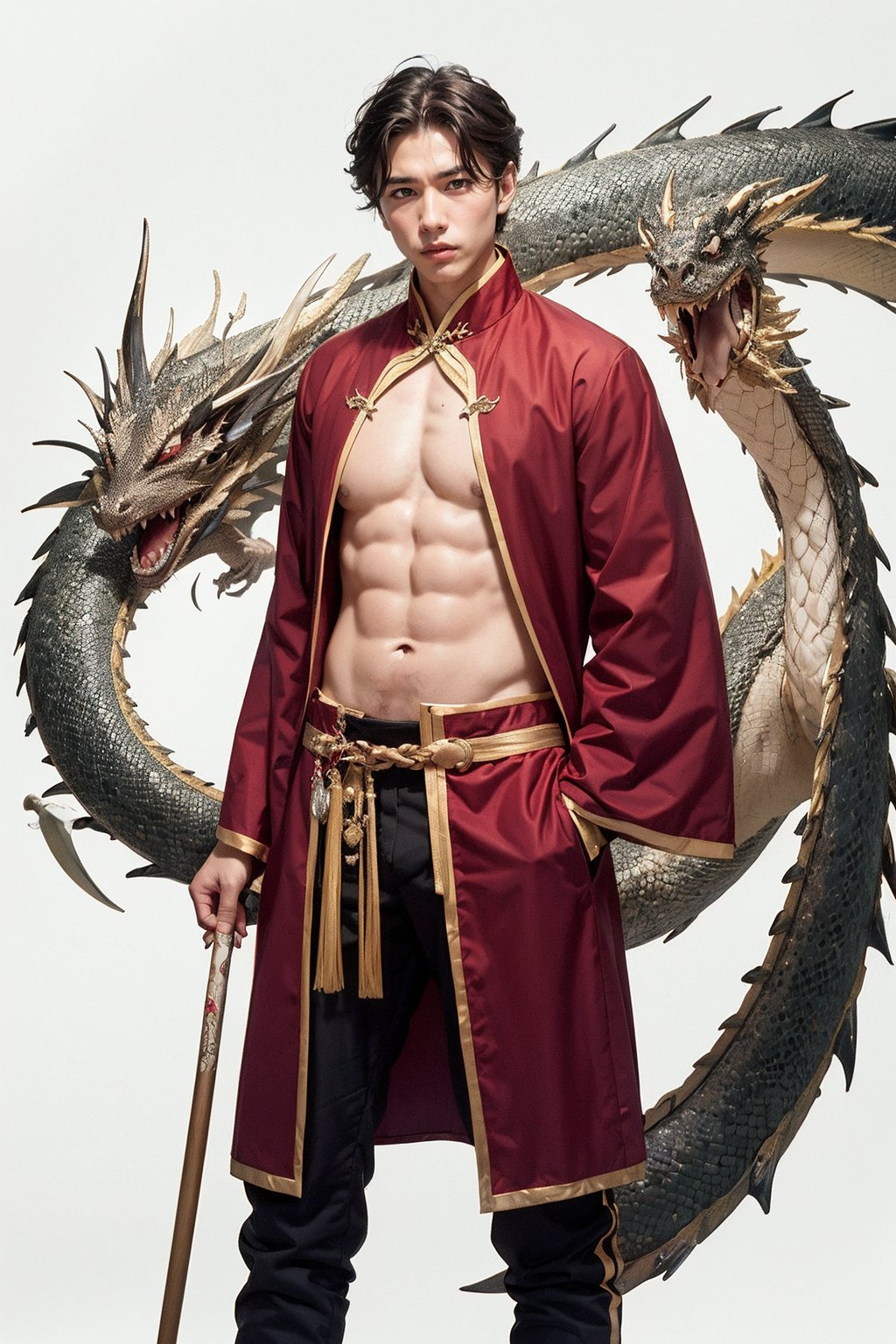 1man,Hanfu,Illustration,(Dragon),(midriff peek),(navel),(Shoulders exposed),