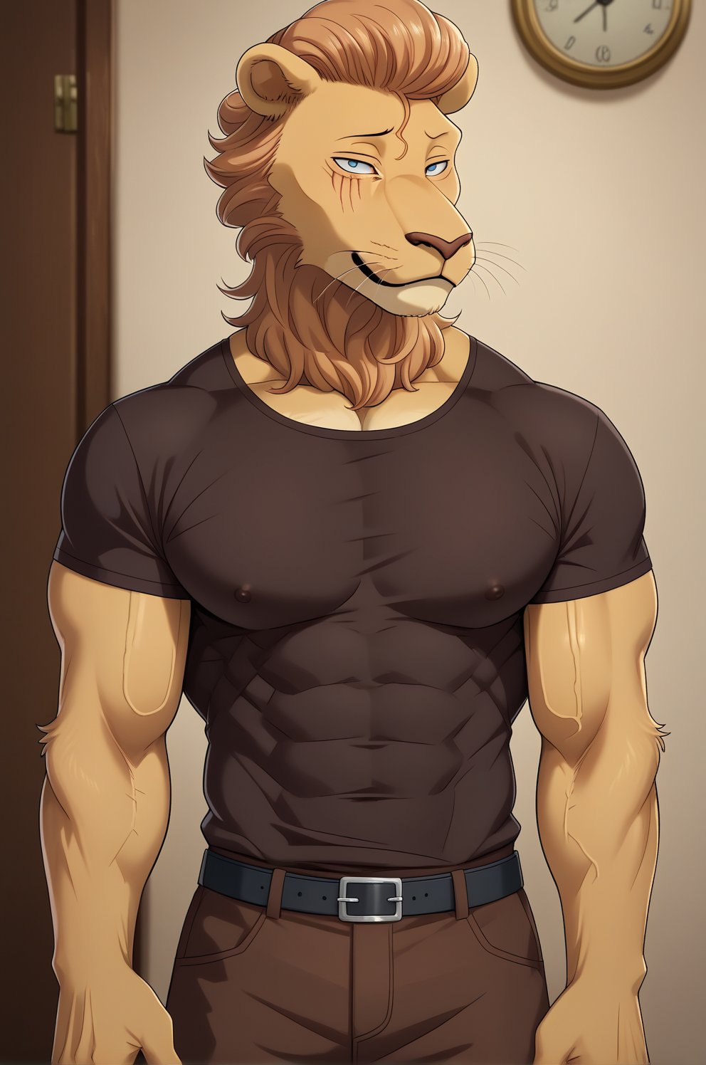 ,score_9, score_8_up, score_7_up, score_6_up, score_5_up, score_4_up, rating_explicit, source_furry, male, cute anthro furry lion male, cute face, detailed background, looking at viewer, solo, solo focus, (digital pen line-art, soft lines, soft shading, pinup, cartoon, anime:1.2),(brown leather shirt:1.2), (long leather pants:1.2),castle backround, (Muscular body:1.2),high detail,((huge muscles:1.3)), furry, bulging muscles, abs,Free The Indian Lion_(beastars), scar over his right eye, strawberry-blond pompadour hair, (clothed:1.2),