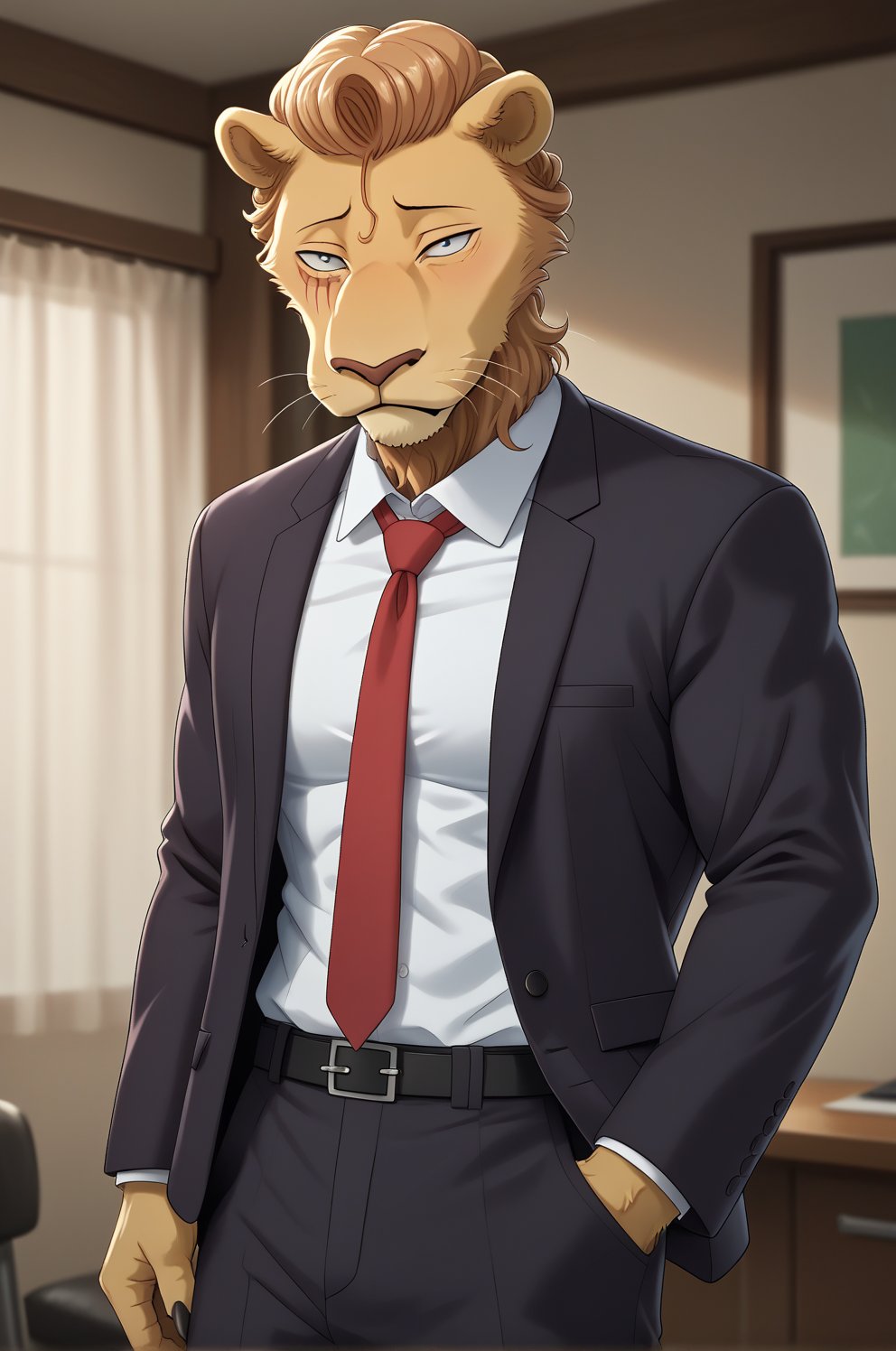 ,score_9, score_8_up, score_7_up, score_6_up, score_5_up, score_4_up, rating_explicit, source_furry, male, cute anthro furry lion male, cute face, detailed background, looking at viewer, solo, solo focus, (digital pen line-art, soft lines, soft shading, pinup, cartoon, anime:1.2),(black open_blazer:1.2),(white undershirt:1.2), (black long_pants:1.2), red tie, office backround, (Muscular body:1.2),high detail,((huge muscles:1.3)), furry, bulging muscles, abs,Free The Indian Lion_(beastars), scar over his right eye, strawberry-blond pompadour hair, (clothed:1.2),