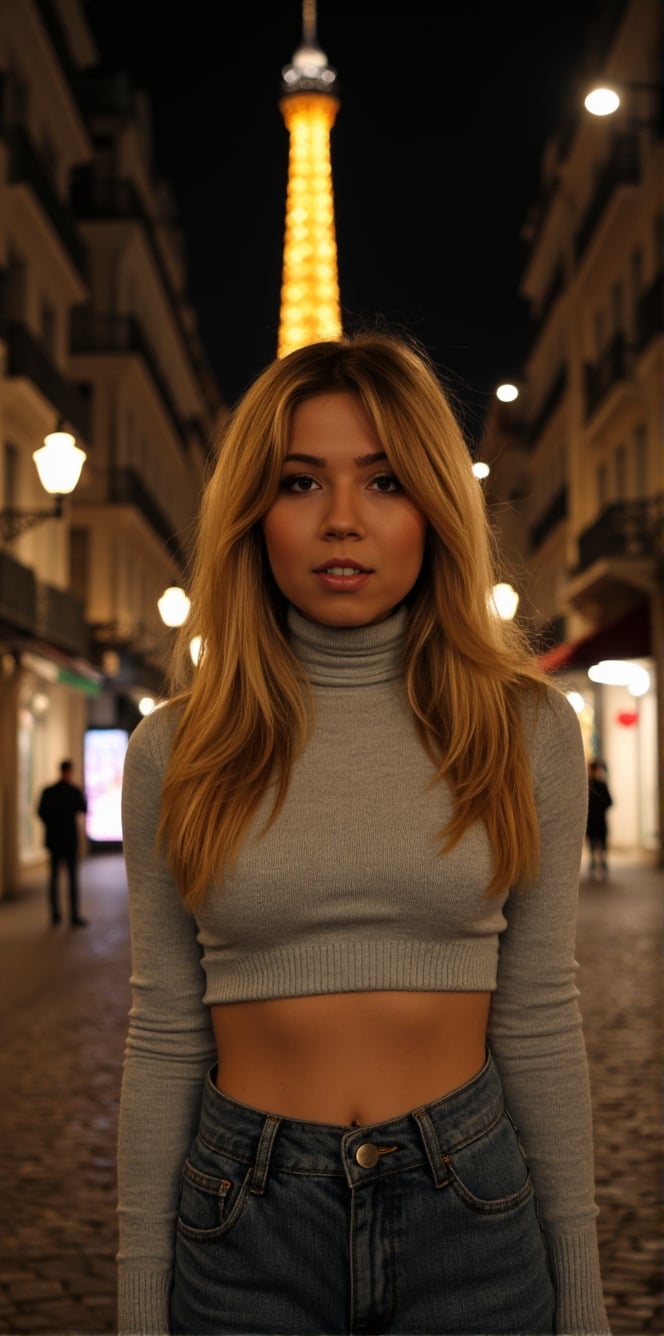 a beautiful cute joyful and playful 25 year old woman view from bottom,extreme close up,russian supermodel, blonde haired, dressed in a turtleneck and skinny jeans, in the street of paris at night eiffel tower in background, detailed masterpiece most beautiful artwork in the world Ultrarealistic, Sony A7, Nostalgic lighting,JennetteMcCurdy