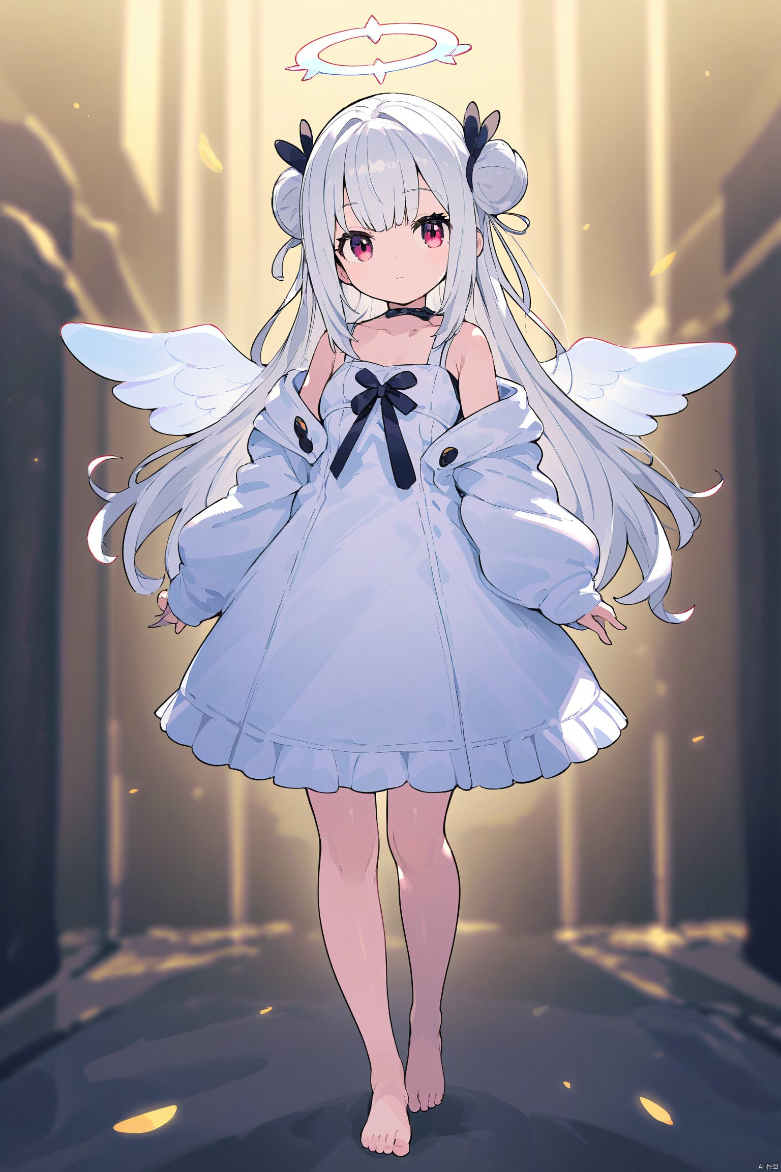 1girl, halo, solo, chromatic aberration, white hair, barefoot, wings, long hair, standing, looking at viewer, off shoulder, bare shoulders, full body, jacket, long sleeves, white jacket, white dress, dress, collarbone, bangs, ribbon, closed mouth