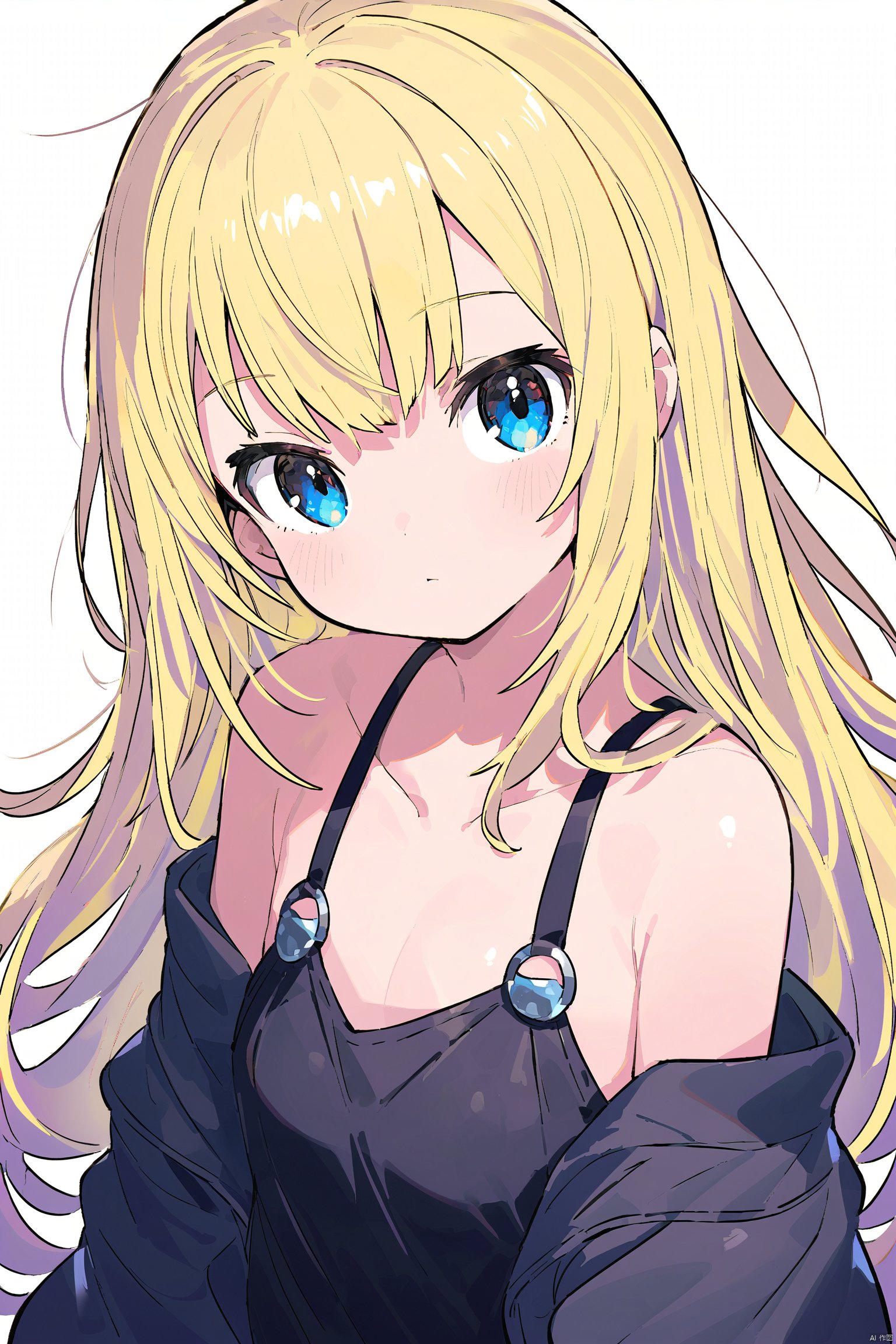 1girl, solo, long_hair, blue_eyes, looking_at_viewer, shirt, upper_body, black_shirt, bangs, collarbone, blonde_hair, long_sleeves, closed_mouth, messy_hair, hair_between_eyes, bare_shoulders, off_shoulder