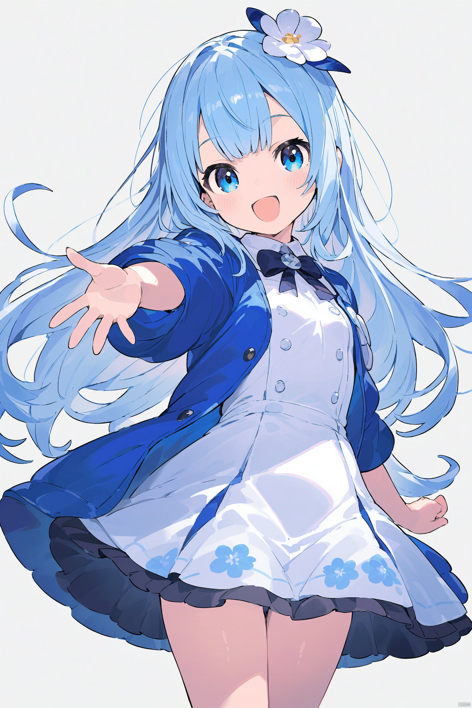 1girl, solo, long hair, white background, smile, simple background, dress, open mouth, blue eyes, short sleeves, blue jacket, bangs, jacket, :d, blush, white dress, outstretched arm, floral print, very long hair, open jacket, cropped legs, looking at viewer, small breasts, hair ornament, frills, blue hair, bow, open clothes, white bow, cowboy shot