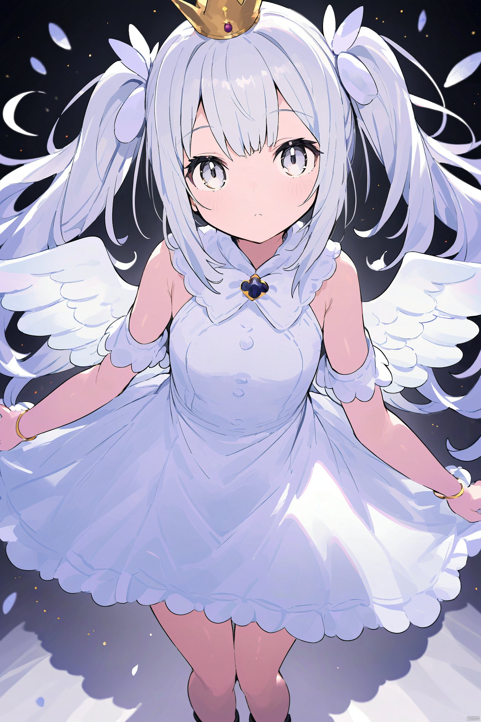 best quality, amazing quality, very aesthetic,1girl, solo, wings, long_hair, dress, white_hair, twintails, halo, very_long_hair, looking_at_viewer, white_wings, black_background, white_theme, feathered_wings, full_body, white_dress, simple_background, bangs, angel_wings, low_wings, head_wings, bare_shoulders, angel, crown, closed_mouth, multiple_wings, white_eyes, floating