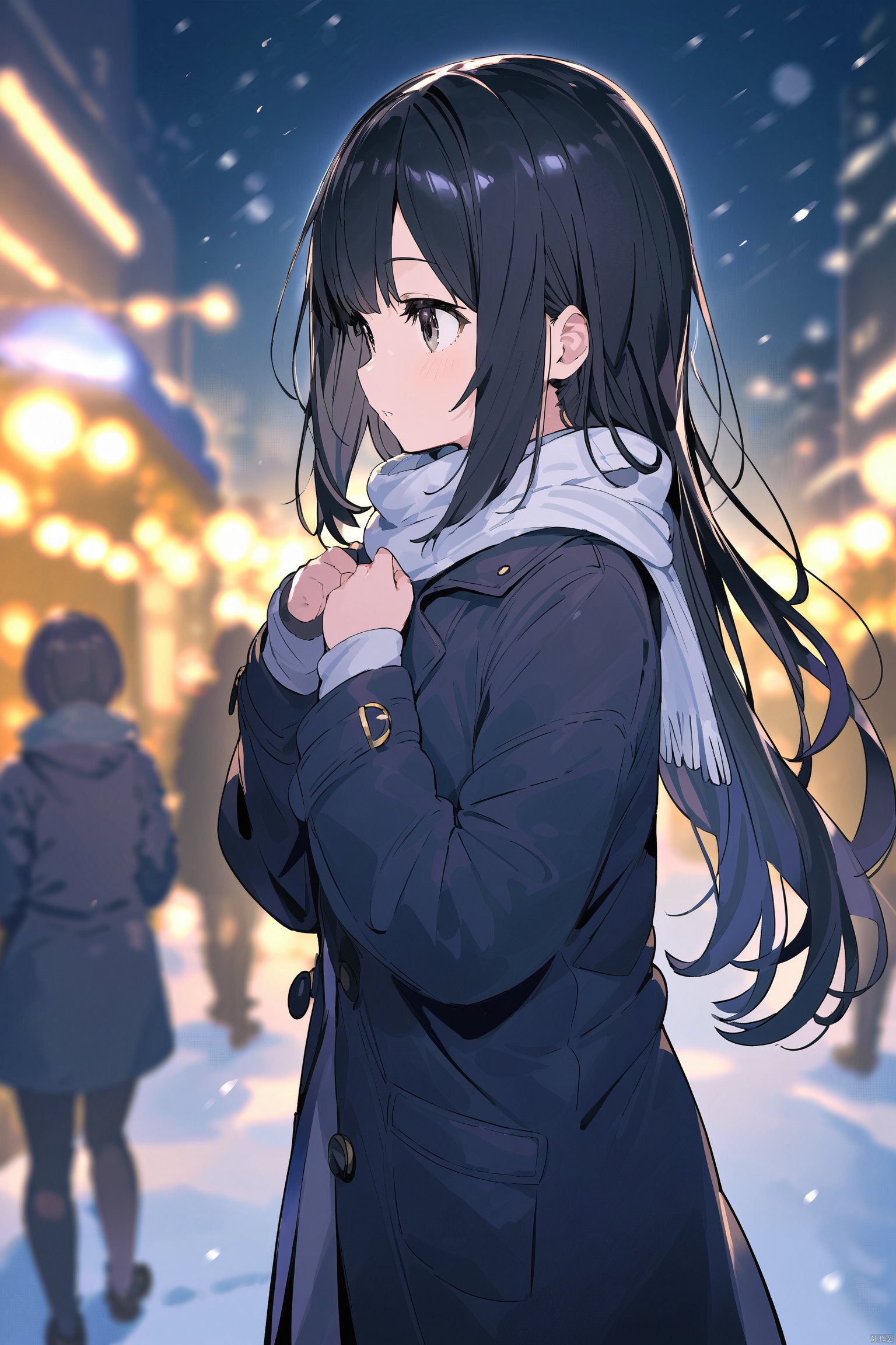 (masterpiece),(best quality),(masterpiece),(best quality),1girl, black_coat, black_hair, blurry, blurry_background, blurry_foreground, bokeh, city_lights, coat, depth_of_field, from_side, jacket, lens_flare, long_hair, long_sleeves, looking_away, motion_blur, outdoors, scarf, snow, snowing, solo, upper_body