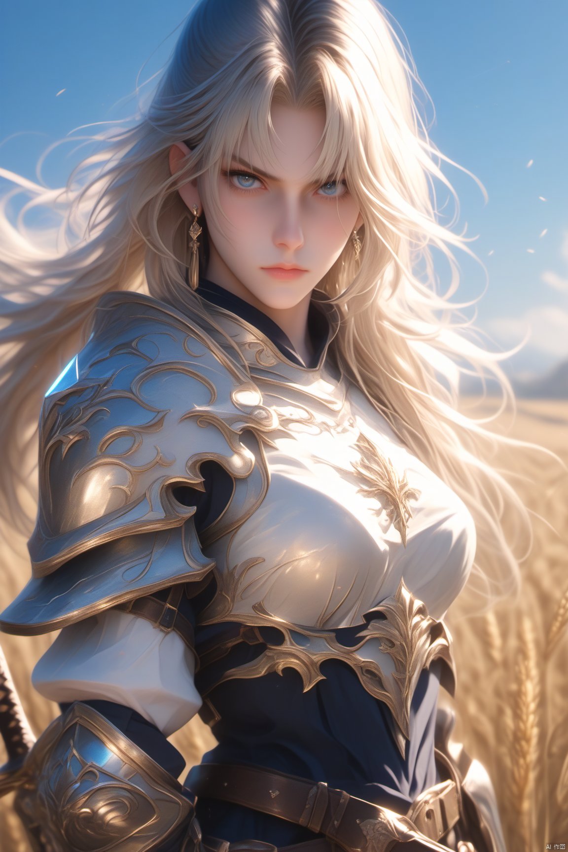 1girl, long hair, blonde hair, armor, solo, jewelry, earrings, outdoors, looking at viewer, sky, blurry background, blue eyes, blue sky, weapon, shoulder armor, belt, bangs, day, blurry, sword, hair ornament, lips, breastplate, dress, upper body, breasts, artist name, closed mouth, parted bangs, very long hair, grey eyes, gauntlets, standingï¼wheat field,pigeonï,hair over one eye, wallpaper, (score_9), score_8_up, score_7_up,Holy Silver White Armor,Hair covering one eye,Arrogant and cold and gorgeous,cold and ruthless gaze 