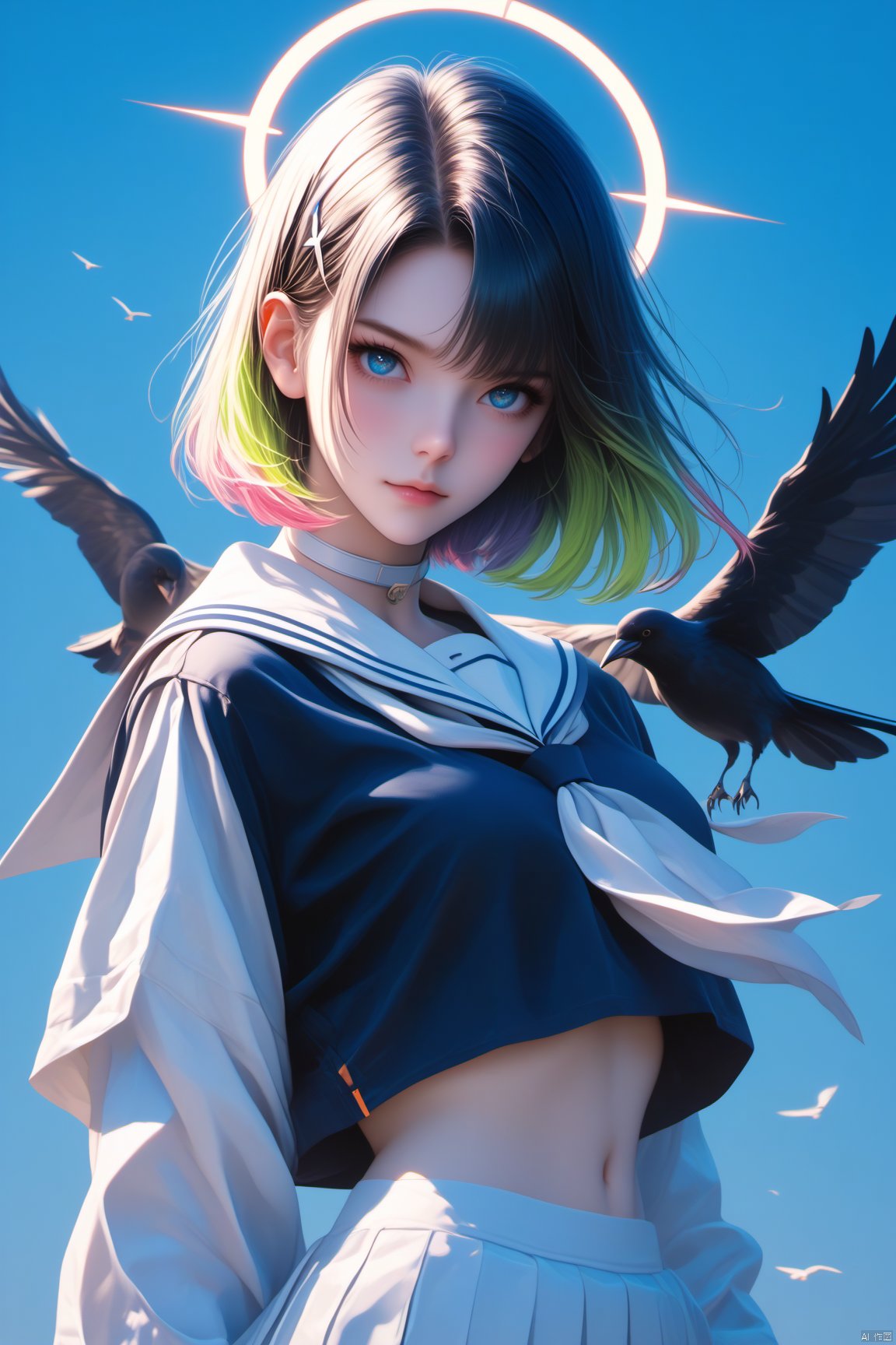 score_9,score_8_up,score_7_up,1girl,bird,halo,bottomless,solo,hair ornament,hair over one eye,sailor collar,navel,blue eyes,white sailor collar,black hair,shirt,gradient,long sleeves,multicolored hair,x hair ornament,school uniform,short hair,looking at viewer,gradient background,serafuku,white neckerchief,convenient censoring,closed mouth,holding,choker,blue background,colored inner hair,cowboy shot,bangs,blue shirt,neckerchief,white choker,crow,
whirls of vapor,iridescent textures,(Anime:1.1),translucent,soft neon light,ethereal ambiance,delicate details,magical atmosphere,concept art,highly detailed,ultra-high resolution,32K UHD,sharp focus,best-quality,masterpiece,golden hour,unconventional supreme masterpiece,masterful details,temperate atmosphere,with a high-end texture,in the style of fashion photography,magazine cover,Dynamic Angle,Dynamic posture,magazine cover,Dynamic Angle,Dynamic posture,