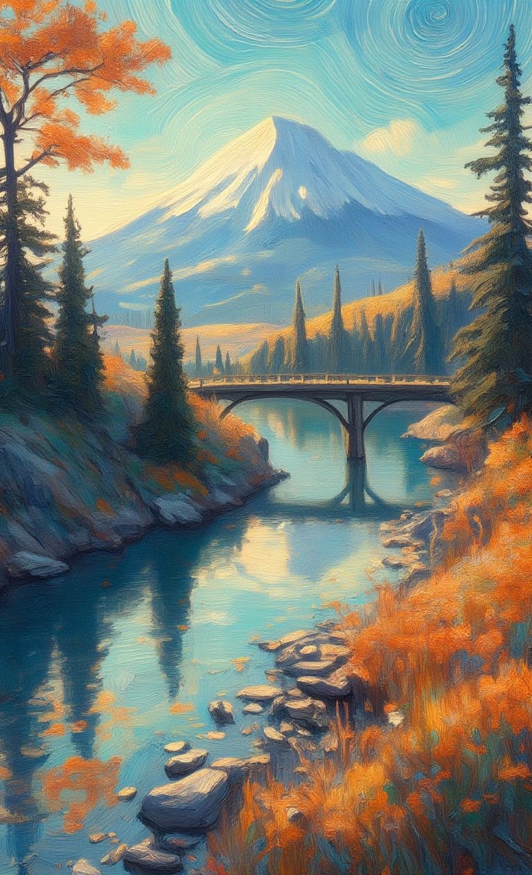 Outdoor, sky, daytime, clouds, water, trees, blue sky, no people, autumn leaves, landscape, reflection, mountain, road, bridge, river, lake, Mt. Fuji, realistic, digital art, professional style, detailed image, masterpiece quality, attractive image, details,oil painting