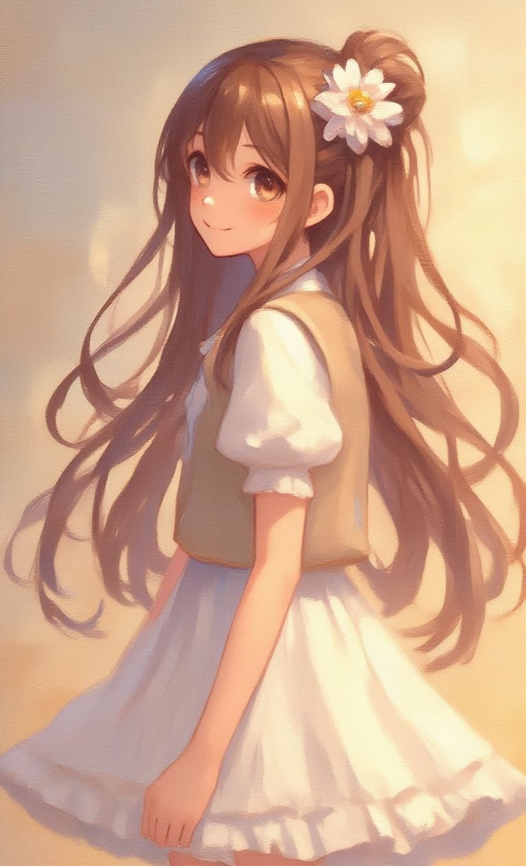 1 girl, looking at viewer, long hair, bangs, brown hair, smiling, dress, hair accessory, brown eyes, mouth closed, white dress, upper body, flower, frills, solo focus, looking back, indoors, hair flower, hair bun, vest, lips, single hair bun, white flower, portrait, hair accessory, anime style,oil painting