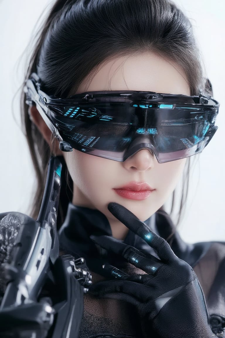  Vision Next, medium shot front view of a woman wearing black transparent futuristic glasses with glowing HUD display on the glasses, Holding a Japanese samurai sword in hand,black military bodysuit, holding a gun, white background, highly detailed, ultra-high resolutions, 32K UHD, best quality, masterpiece, ((poakl)), science fiction,1girl