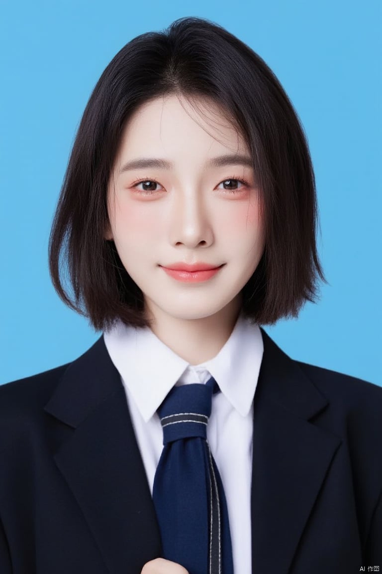 A photograph of a beautiful Asian girl in school uniform,with a solid blue background,in the style of ID photography. She has medium-length hair,a round face shape,and is wearing a white shirt,tie,and black blazer. Her makeup is simple,and she has a gentle,youthful smile with a natural expression.,
