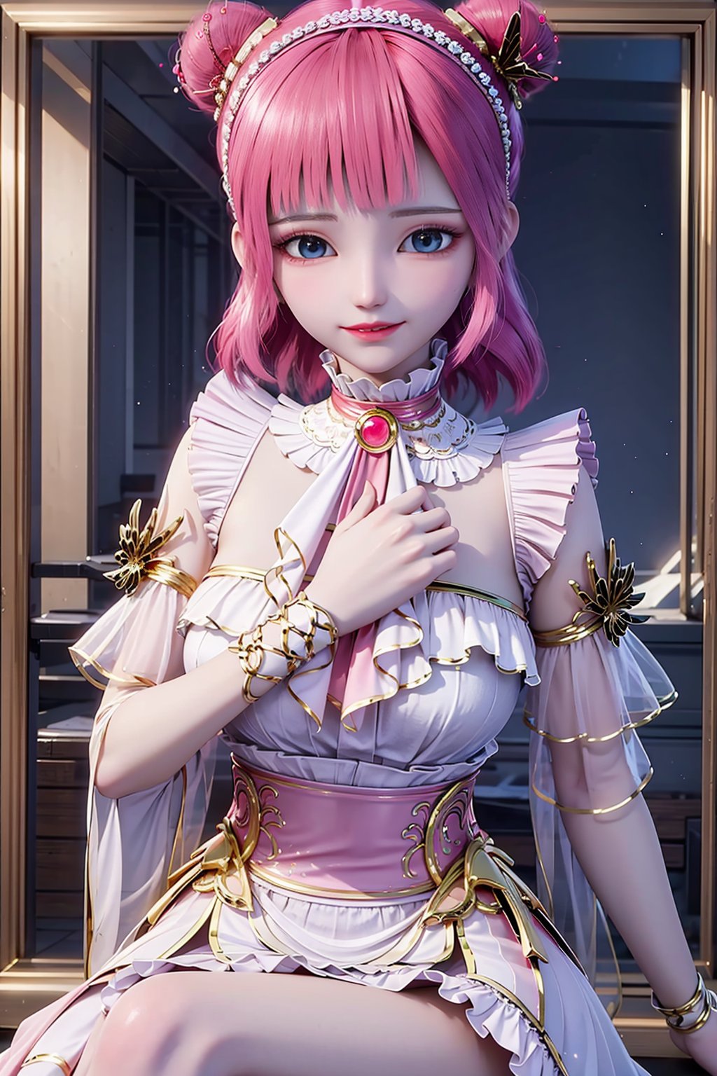 A stunning young girl sits solo, gazing directly into the viewer's eyes with a bright, warm smile. Her short, pink hair is styled with blunt bangs and a sleek hair bun, framing her heart-shaped face. Blue eyes sparkle with mischief, drawing attention to the delicate hair ornament adorning her locks. She wears a flowing dress that complements her vibrant hair color, creating a whimsical and captivating visual.