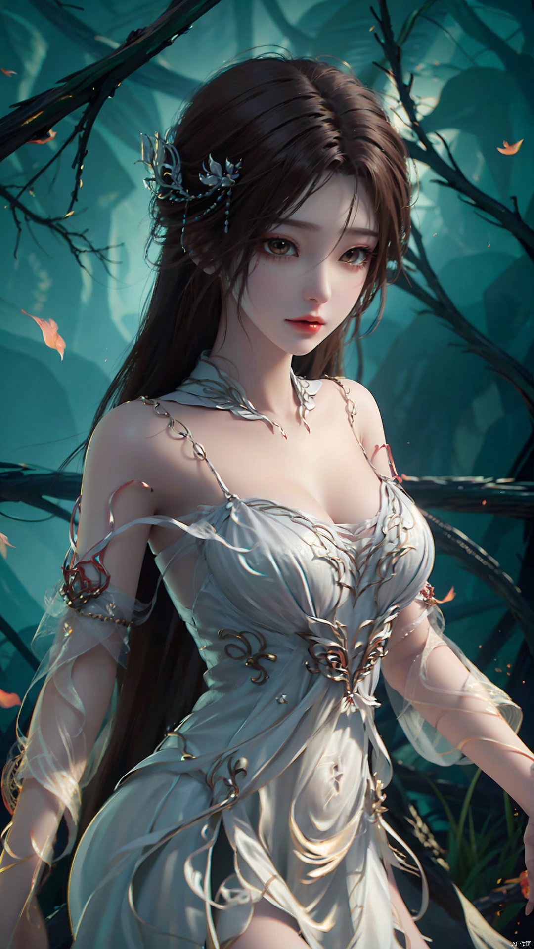 1girl, dress, solo, brown hair, long hair, white dress, hair ornament, bare shoulders, mischevious smile, perfect body, scenery, sharp focus, best quality, masterpiece, detailed outfit, illustration, perfect eyes, finely detailed beautiful anime eyes, realistic skin, intricate details, best lighting, depth of field, ultra high resolution,cowboy_shot, dynamic pose, dynamic angle,