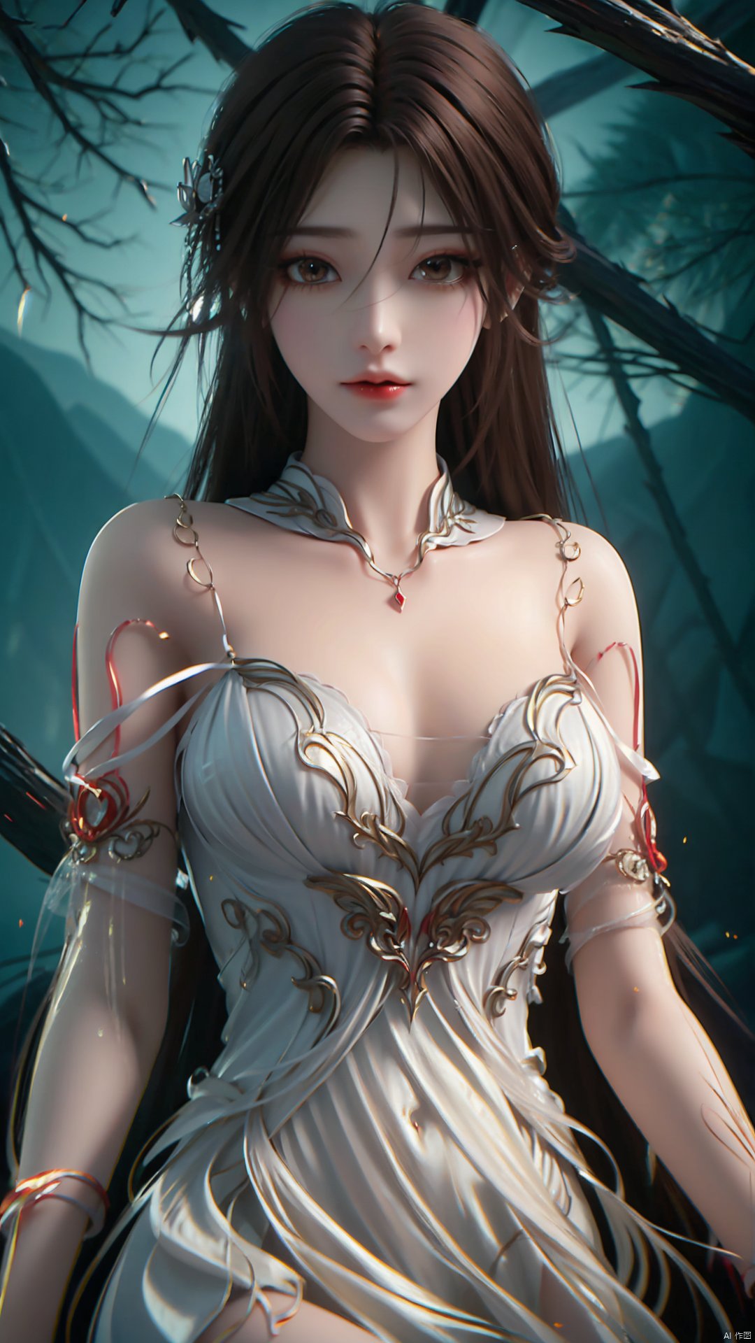 1girl, dress, solo, brown hair, long hair, white dress, hair ornament, bare shoulders, mischevious smile, perfect body, scenery, sharp focus, best quality, masterpiece, detailed outfit, illustration, perfect eyes, finely detailed beautiful anime eyes, realistic skin, intricate details, best lighting, depth of field, ultra high resolution,cowboy_shot, dynamic pose, dynamic angle,