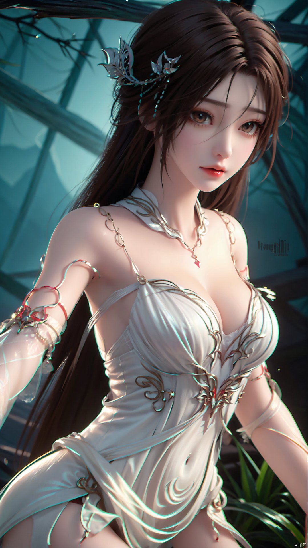 1girl, dress, solo, brown hair, long hair, white dress, hair ornament, bare shoulders, mischevious smile, perfect body, scenery, sharp focus, best quality, masterpiece, detailed outfit, illustration, perfect eyes, finely detailed beautiful anime eyes, realistic skin, intricate details, best lighting, depth of field, ultra high resolution,cowboy_shot, dynamic pose, dynamic angle,