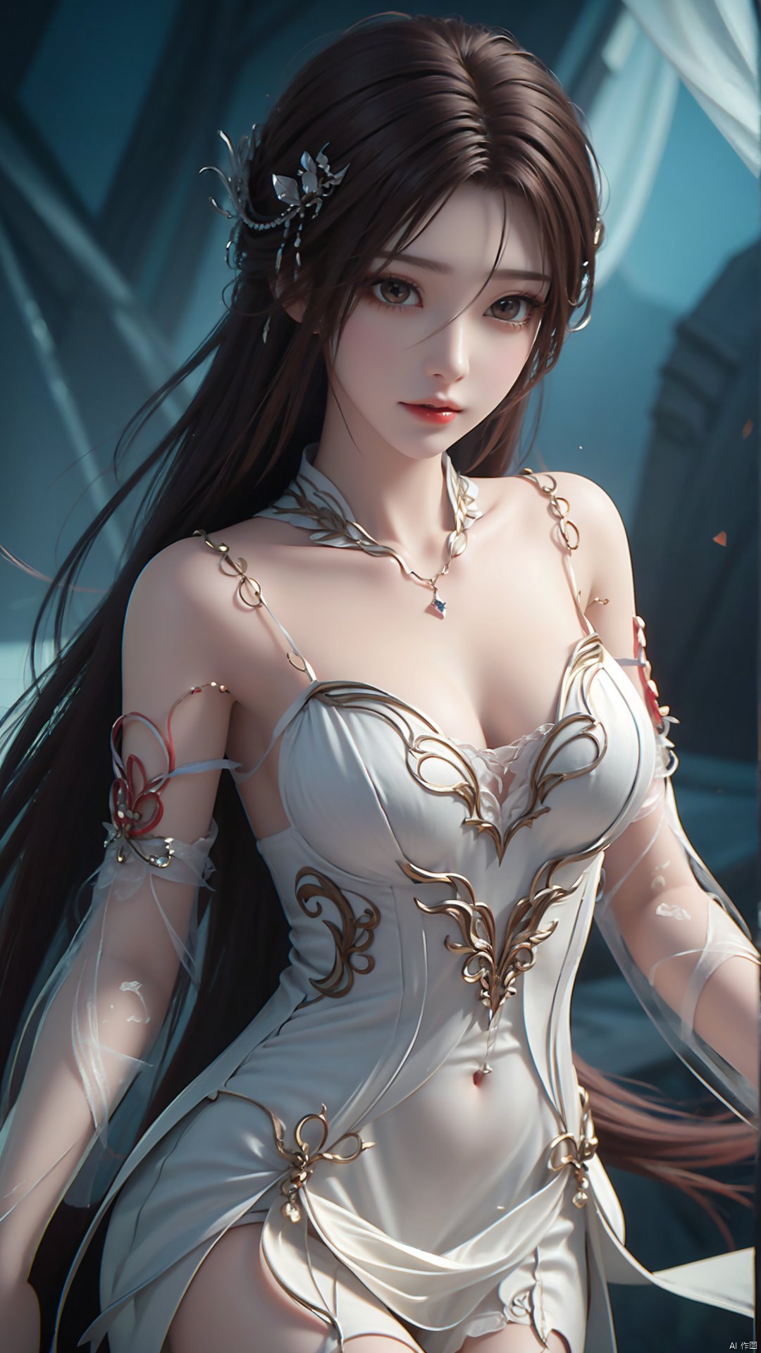 1girl, dress, solo, brown hair, long hair, white dress, hair ornament, bare shoulders, mischevious smile, perfect body, scenery, sharp focus, best quality, masterpiece, detailed outfit, illustration, perfect eyes, finely detailed beautiful anime eyes, realistic skin, intricate details, best lighting, depth of field, ultra high resolution,cowboy_shot, dynamic pose, dynamic angle,