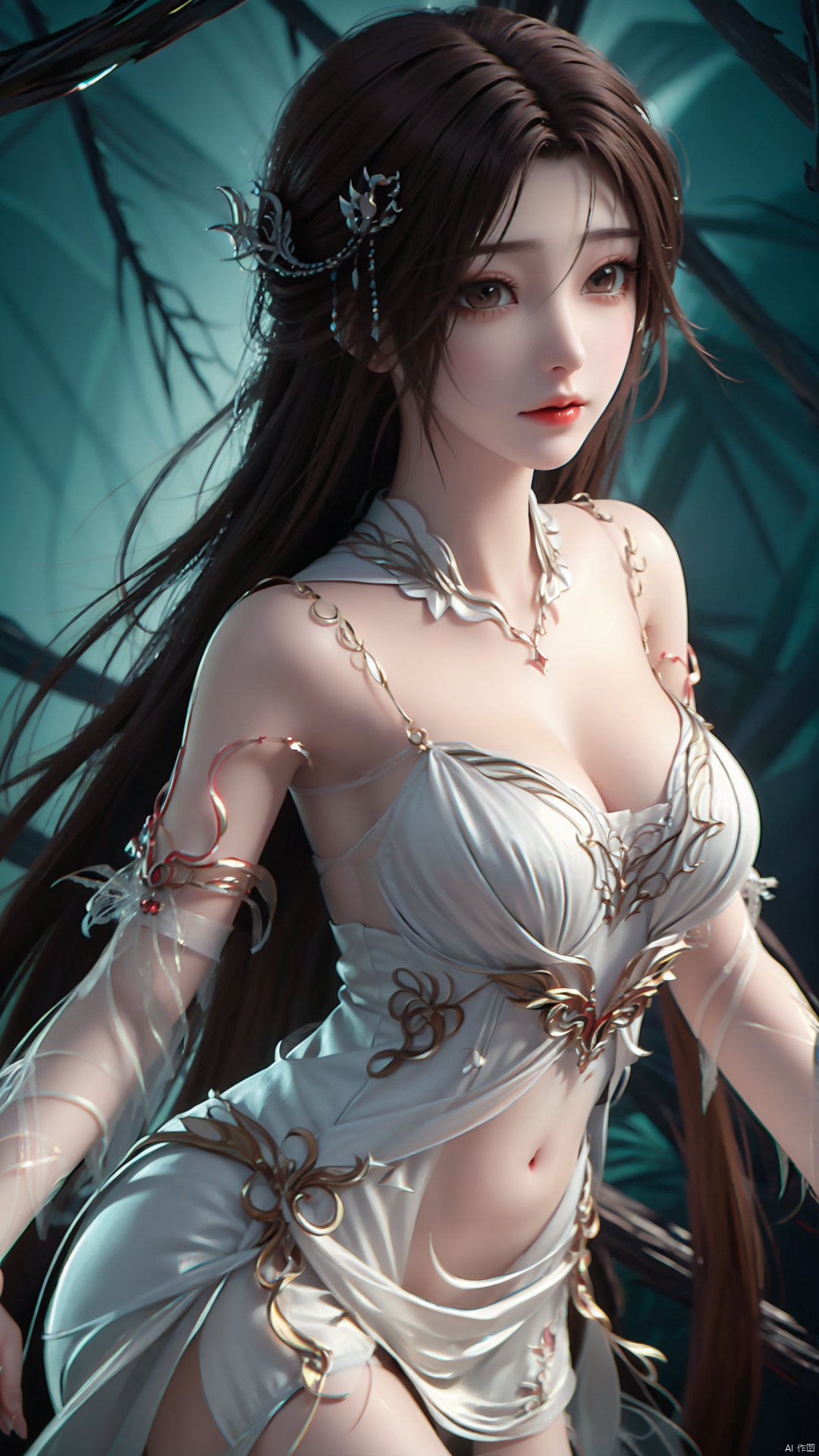 1girl, dress, solo, brown hair, long hair, white dress, hair ornament, bare shoulders, mischevious smile, perfect body, scenery, sharp focus, best quality, masterpiece, detailed outfit, illustration, perfect eyes, finely detailed beautiful anime eyes, realistic skin, intricate details, best lighting, depth of field, ultra high resolution,cowboy_shot, dynamic pose, dynamic angle,