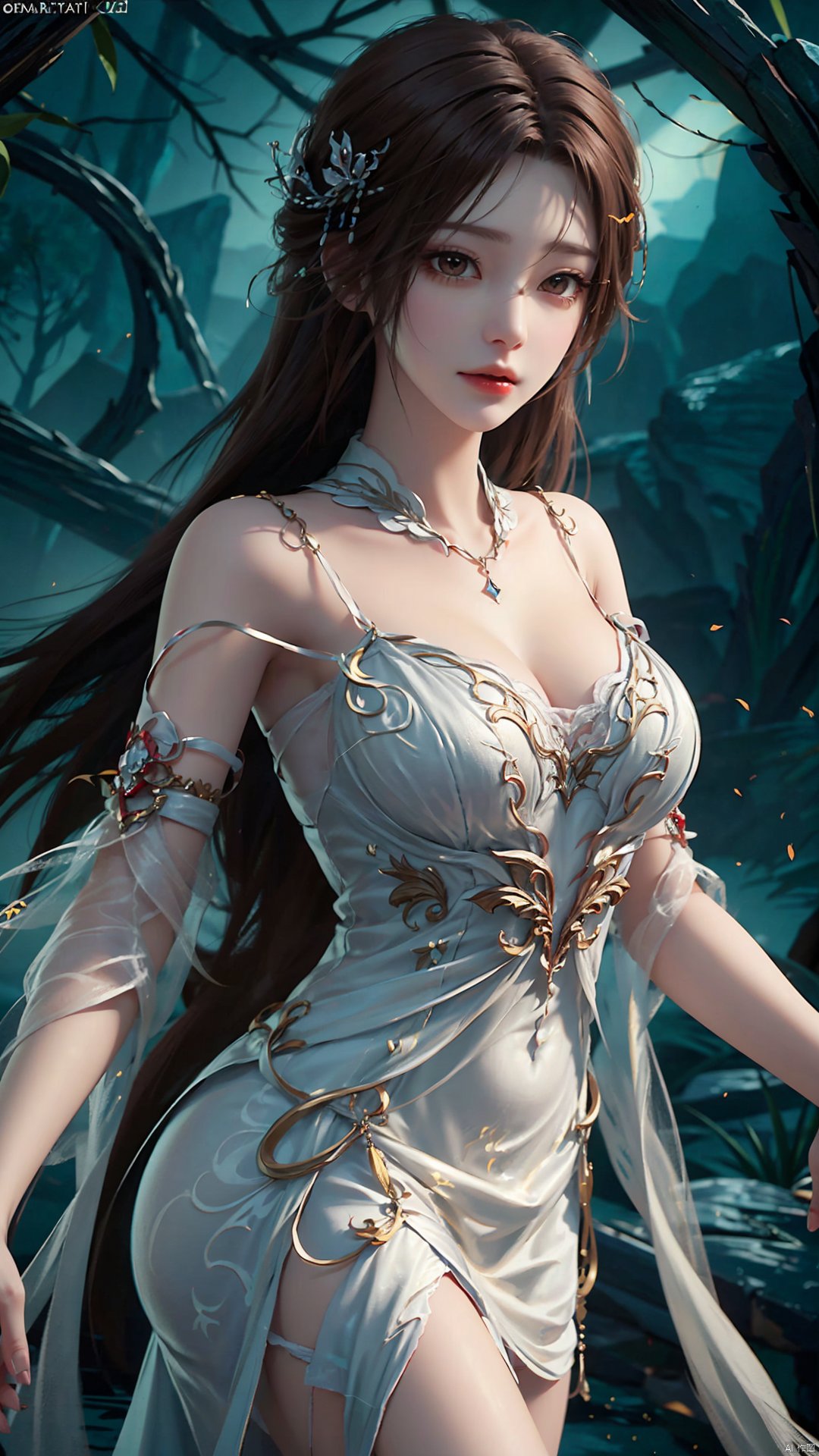 1girl, dress, solo, brown hair, long hair, white dress, hair ornament, bare shoulders, mischevious smile, perfect body, scenery, sharp focus, best quality, masterpiece, detailed outfit, illustration, perfect eyes, finely detailed beautiful anime eyes, realistic skin, intricate details, best lighting, depth of field, ultra high resolution,cowboy_shot, dynamic pose, dynamic angle,