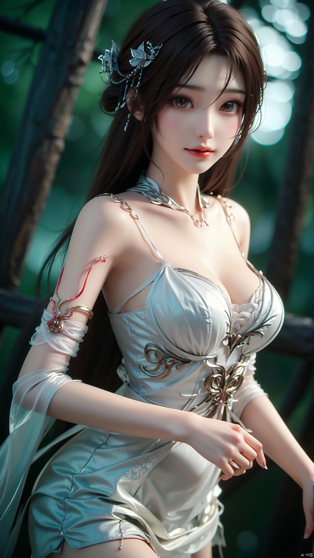 1girl, dress, solo, brown hair, long hair, white dress, hair ornament, bare shoulders, mischevious smile, perfect body, scenery, sharp focus, best quality, masterpiece, detailed outfit, illustration, perfect eyes, finely detailed beautiful anime eyes, realistic skin, intricate details, best lighting, depth of field, ultra high resolution,cowboy_shot, dynamic pose, dynamic angle,