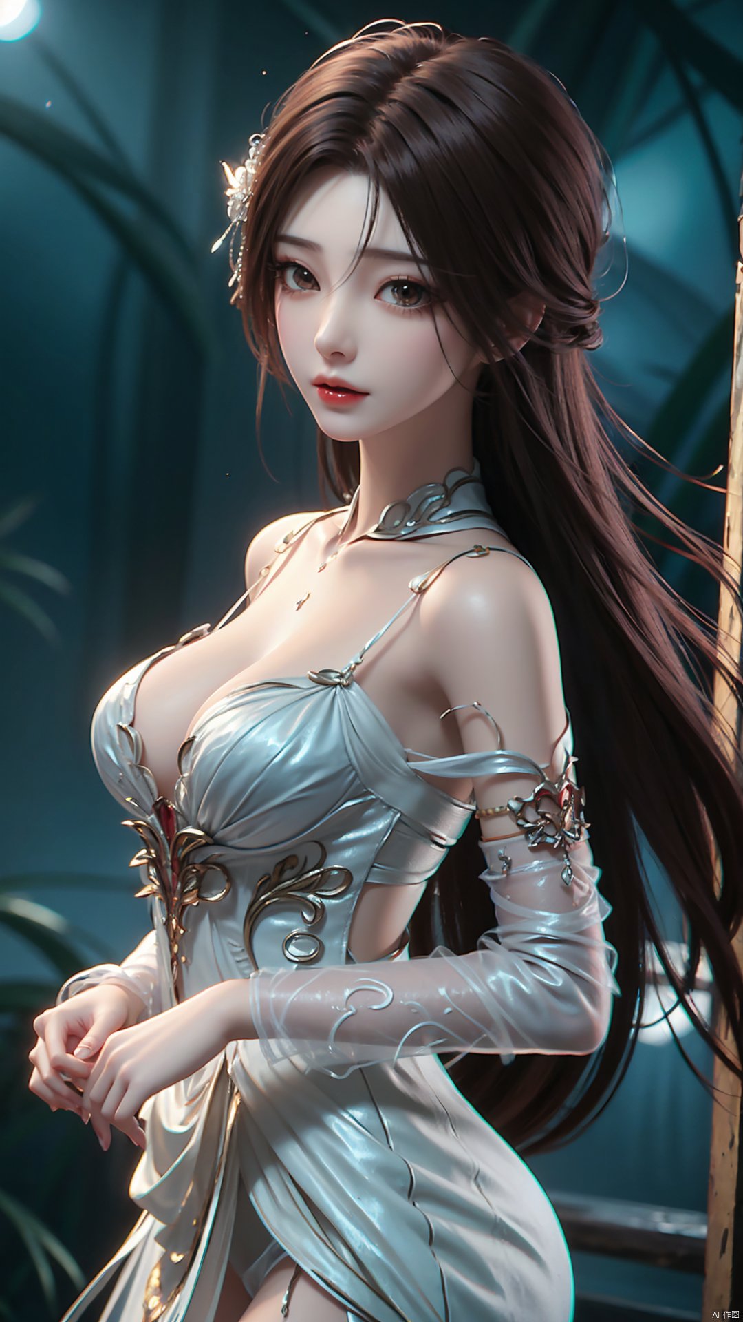 1girl, dress, solo, brown hair, long hair, white dress, hair ornament, bare shoulders, mischevious smile, perfect body, scenery, sharp focus, best quality, masterpiece, detailed outfit, illustration, perfect eyes, finely detailed beautiful anime eyes, realistic skin, intricate details, best lighting, depth of field, ultra high resolution,cowboy_shot, dynamic pose, dynamic angle,