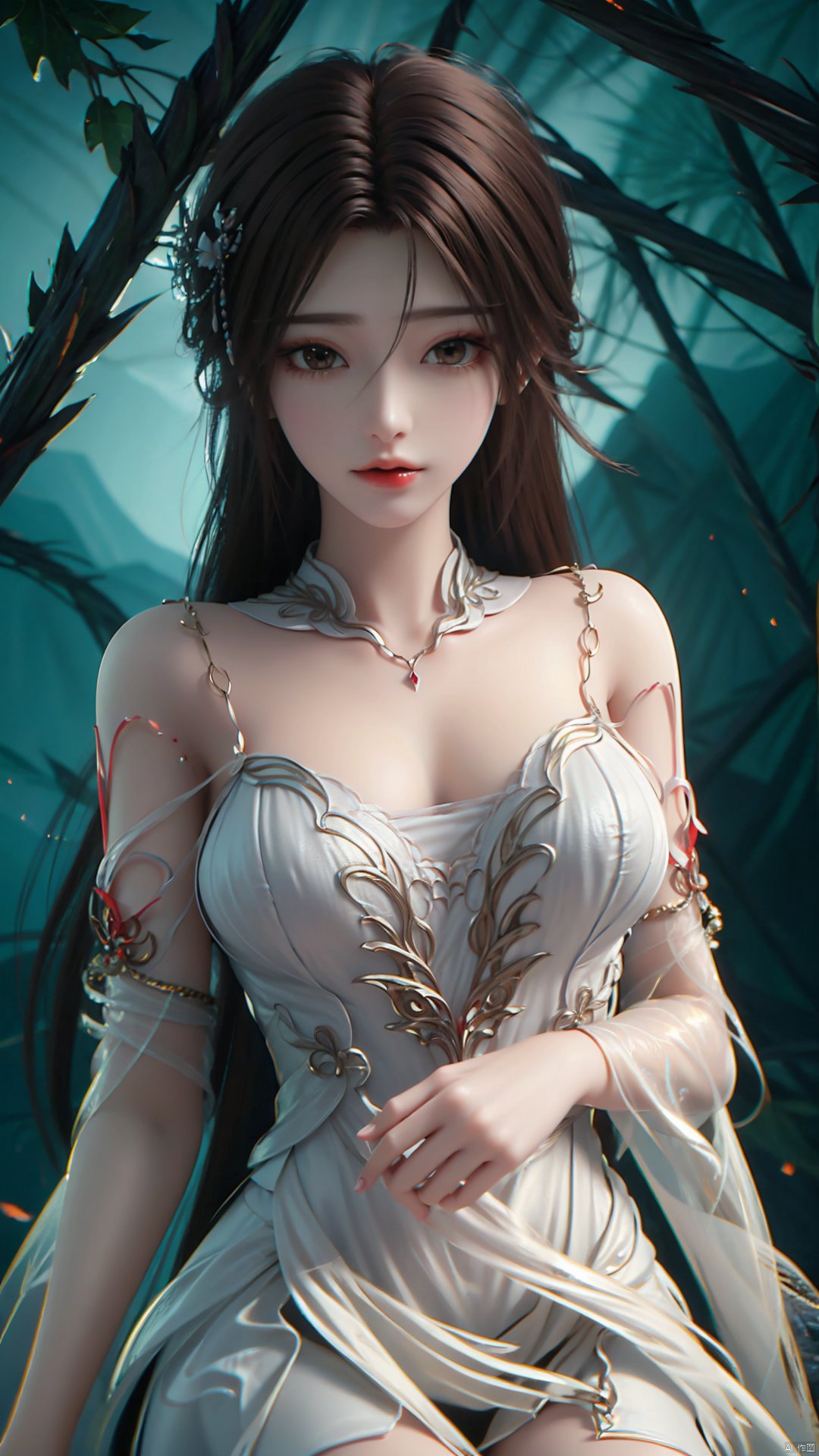 1girl, dress, solo, brown hair, long hair, white dress, hair ornament, bare shoulders, mischevious smile, perfect body, scenery, sharp focus, best quality, masterpiece, detailed outfit, illustration, perfect eyes, finely detailed beautiful anime eyes, realistic skin, intricate details, best lighting, depth of field, ultra high resolution,cowboy_shot, dynamic pose, dynamic angle,