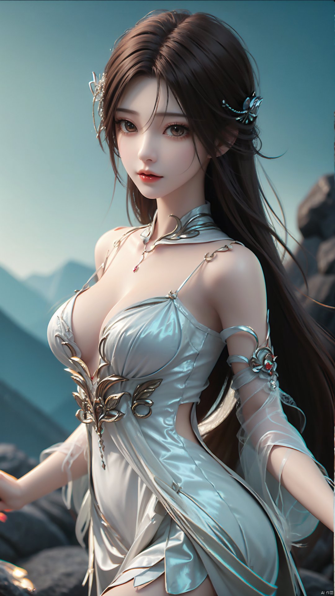 1girl, dress, solo, brown hair, long hair, white dress, hair ornament, bare shoulders, mischevious smile, perfect body, scenery, sharp focus, best quality, masterpiece, detailed outfit, illustration, perfect eyes, finely detailed beautiful anime eyes, realistic skin, intricate details, best lighting, depth of field, ultra high resolution,cowboy_shot, dynamic pose, dynamic angle,