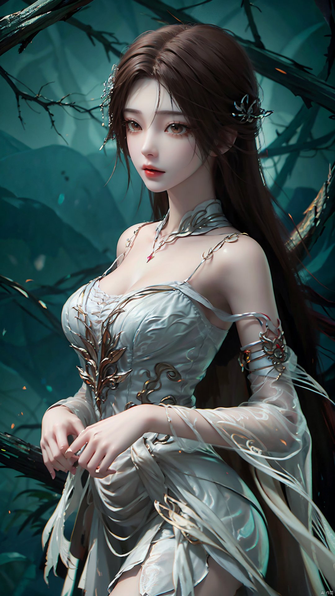 1girl, dress, solo, brown hair, long hair, white dress, hair ornament, bare shoulders, mischevious smile, perfect body, scenery, sharp focus, best quality, masterpiece, detailed outfit, illustration, perfect eyes, finely detailed beautiful anime eyes, realistic skin, intricate details, best lighting, depth of field, ultra high resolution,cowboy_shot, dynamic pose, dynamic angle,