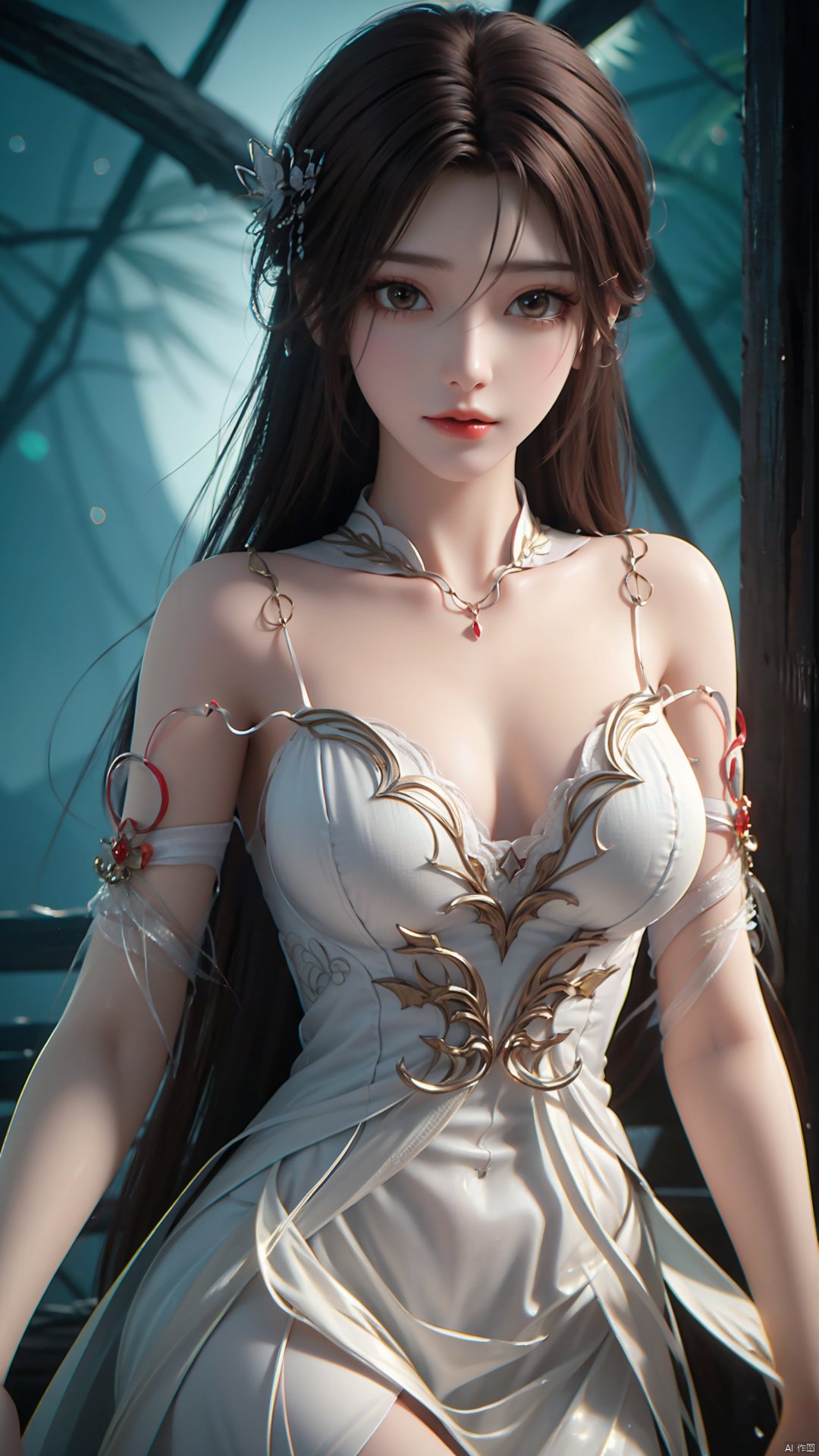 1girl, dress, solo, brown hair, long hair, white dress, hair ornament, bare shoulders, mischevious smile, perfect body, scenery, sharp focus, best quality, masterpiece, detailed outfit, illustration, perfect eyes, finely detailed beautiful anime eyes, realistic skin, intricate details, best lighting, depth of field, ultra high resolution,cowboy_shot, dynamic pose, dynamic angle,