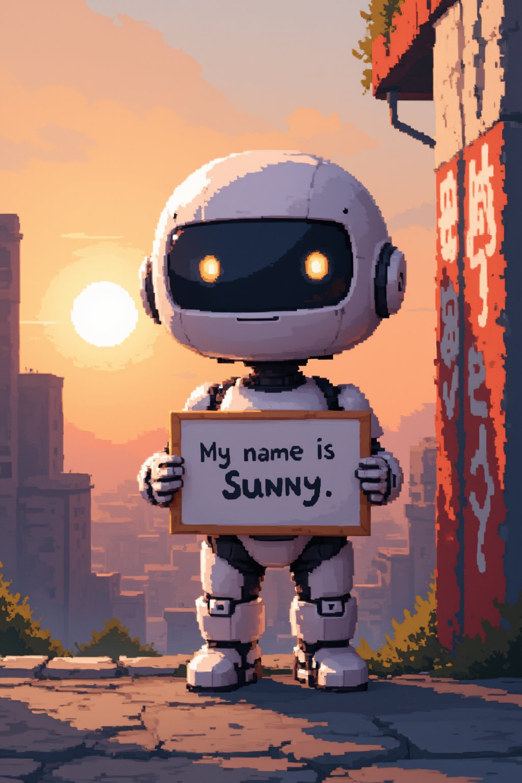 cute robot, holding a sign, white robot, sign says “My name is Sunny.”, city in the background, sunset, graffiti on the wall, looking at the viewer, masterpiece, 8k, stunning image, Pixel Art.