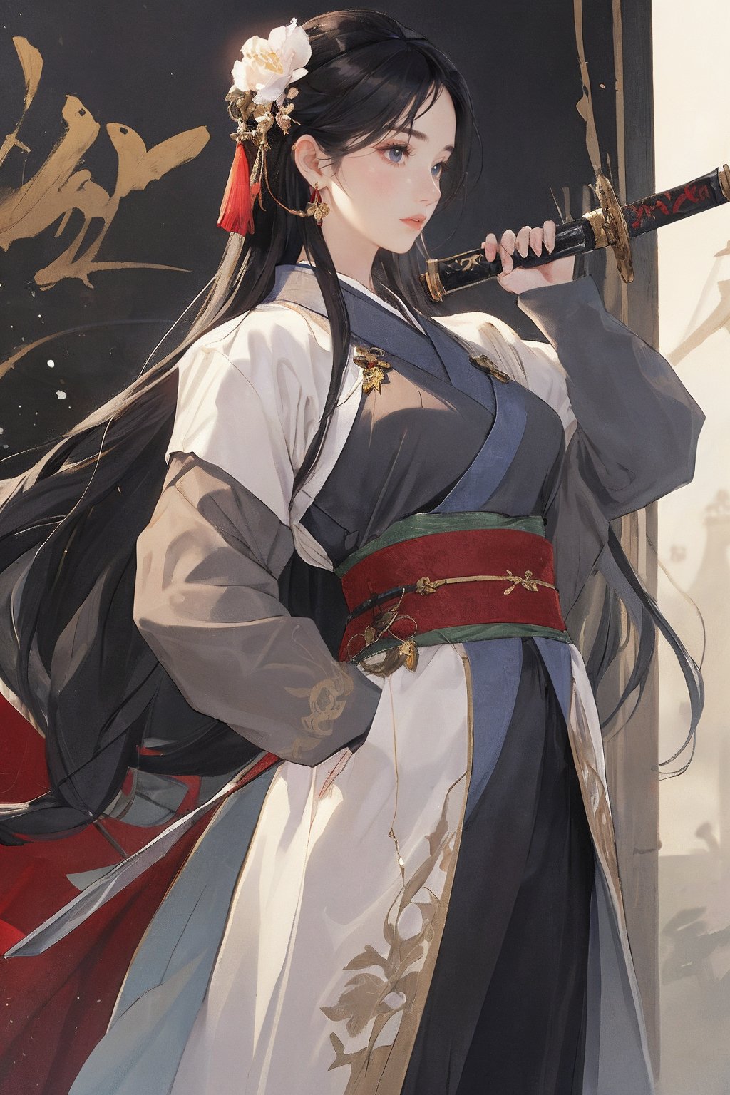 1girl, long hair, black hair, hair ornament, 1boy, holding, weapon, flower, earrings, sword, armor, chinese clothes, realistic, hanfu