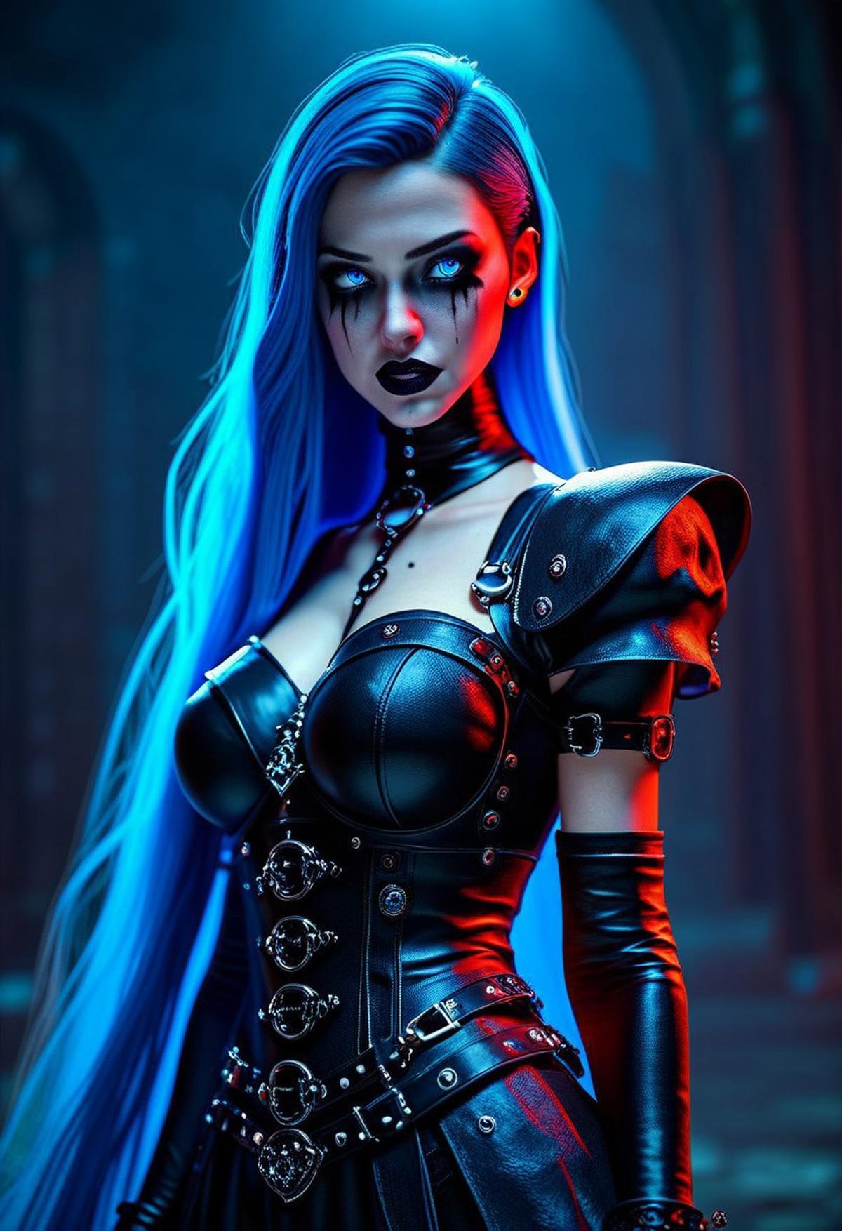 flx$tyl3, score_9, score_8_up, score_7_up, 1girl, gothic style, (fully clothed), very long hair, gothic body armor, goth accessories, goth makeup, beautiful eyes, bright colors, high contrast, vivid lighting, sapphire blue eyes, 3D, cinematic, very aesthetic