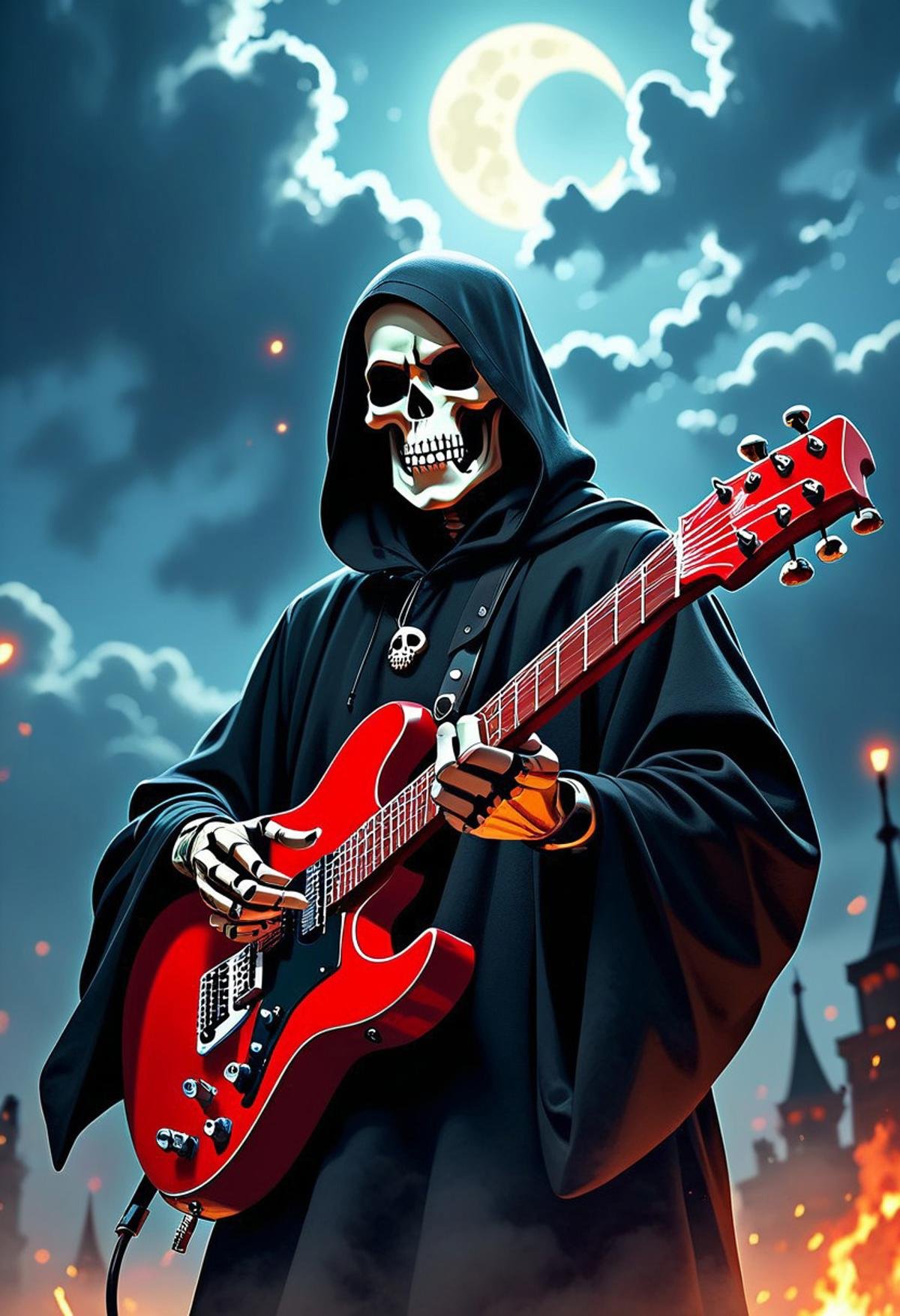 flx$tyl3, score_9, score_8_up, score_7_up, a person dressed as a grim reaper, holding a red electric guitar. The person is wearing a black hooded cloak and has a skull-like face painted on their face. The background is dark and cloudy, with a full moon visible in the distance. The overall mood is ominous., solo, 1boy, holding, male focus, sky, hood, night, moon, instrument, hood up, robe, music, guitar, holding instrument, playing instrument, crescent moon, electric guitar, skeleton, black robe, hooded robe, undead, flx$tyl3