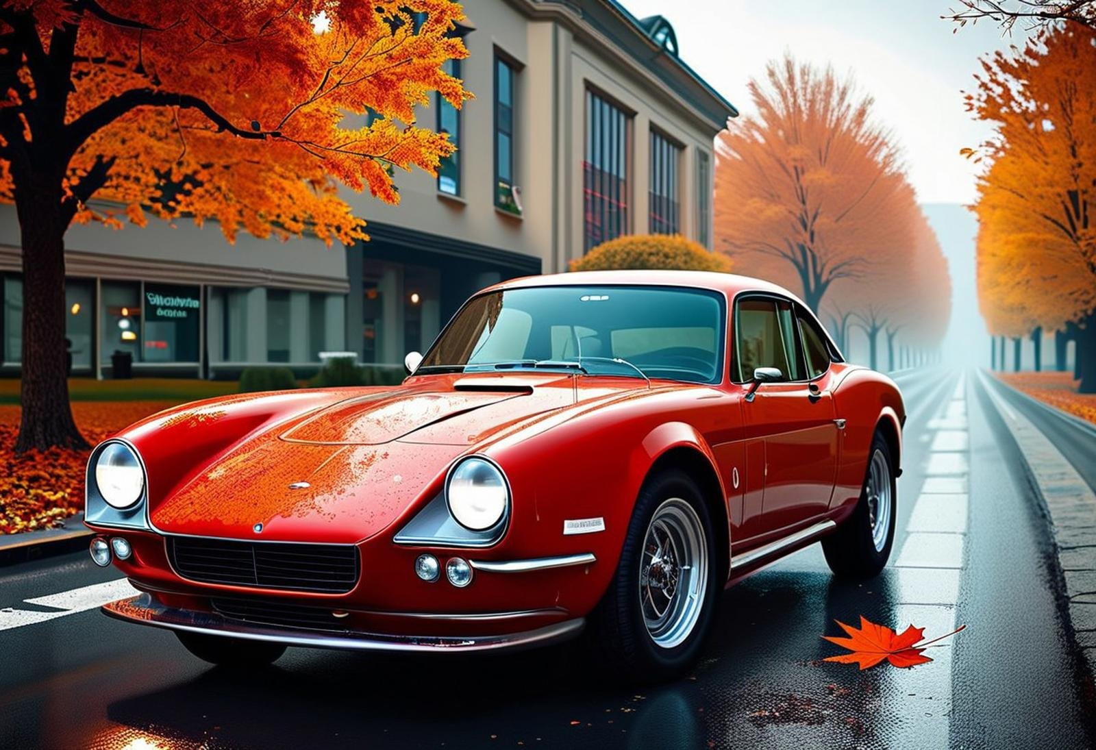 score_9, score_8_up, score_7_up, a high-resolution photograph of a vintage red sports car parked on a wet, reflective road during autumn. The car, a classic Ferrari, is positioned slightly off-center to the left, facing the camera with its headlights on. Its sleek, aerodynamic body is polished to a glossy finish, reflecting the surrounding environment. The car's round headlights and taillights are prominent, and the front grille is adorned with the iconic Ferrari logo. The road, wet from recent rainfall, glistens under the soft, diffused light, enhancing the car's reflection. Surrounding the car, the pavement is scattered with fallen autumn leaves in shades of orange, yellow, and brown, adding a vibrant touch to the scene. On either side of the road, tall trees with golden and orange leaves frame the view, creating a tunnel-like effect. The buildings in the background are modern, with beige and light brown facades, and large windows. The architecture is complemented by well-maintained, neatly trimmed bushes and shrubs. The atmosphere is calm and serene, with a gentle mist or fog adding a dreamy quality to the scene. The overall composition evokes a sense of nostalgia and elegance. flx$tyl3, realistic