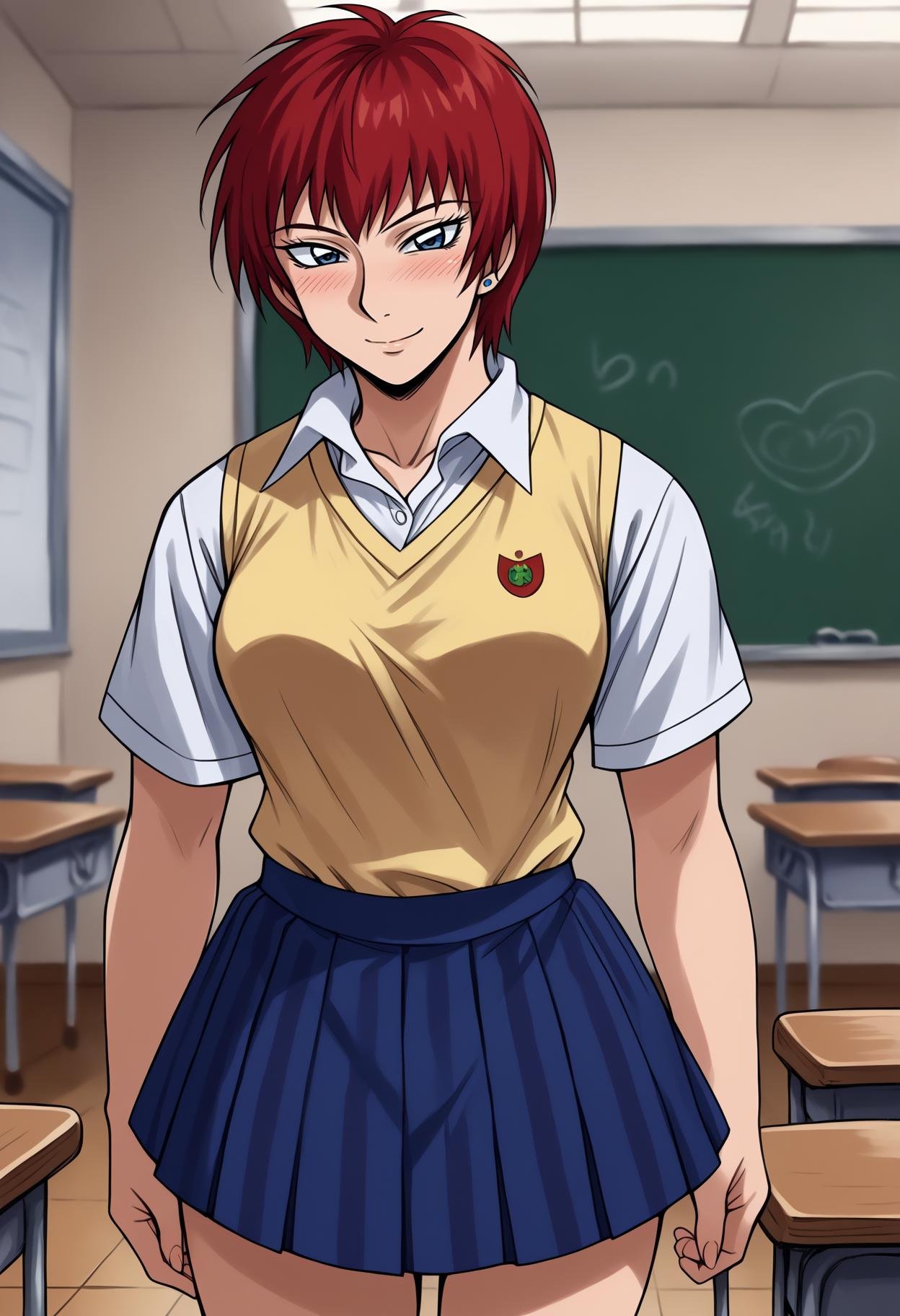 score_9, score_8_up,score_7_up, source_anime, 1girl, solo, <lora:akwmk_pdxl_EliPot:1>, akwmk, tomboy, short hair, red hair, stud earrings, jewelry, blue eyes, collared shirt, white shirt, yellow sweater vest, short sleeves, blue skirt, pleated skirt, miniskirt, white legwear, kneehighs, striped skirt, school uniform, standing, smile, blush, classroom, 